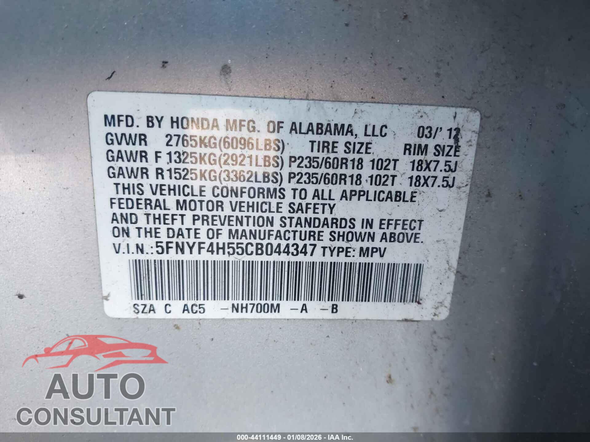 HONDA PILOT 2012 - 5FNYF4H55CB044347