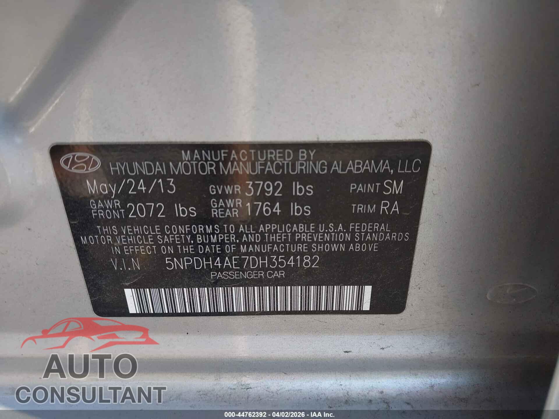 HYUNDAI ELANTRA 2013 - 5NPDH4AE7DH354182