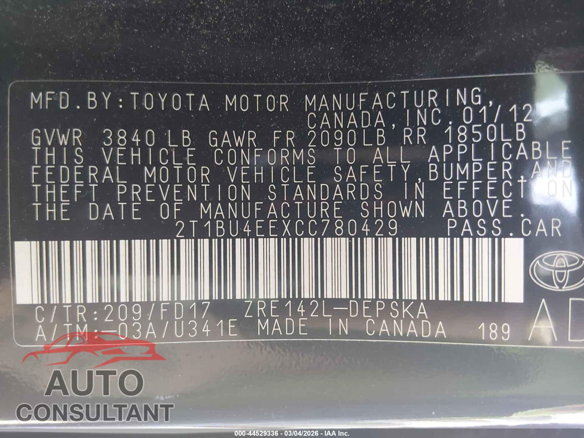 TOYOTA COROLLA 2012 - 2T1BU4EEXCC780429