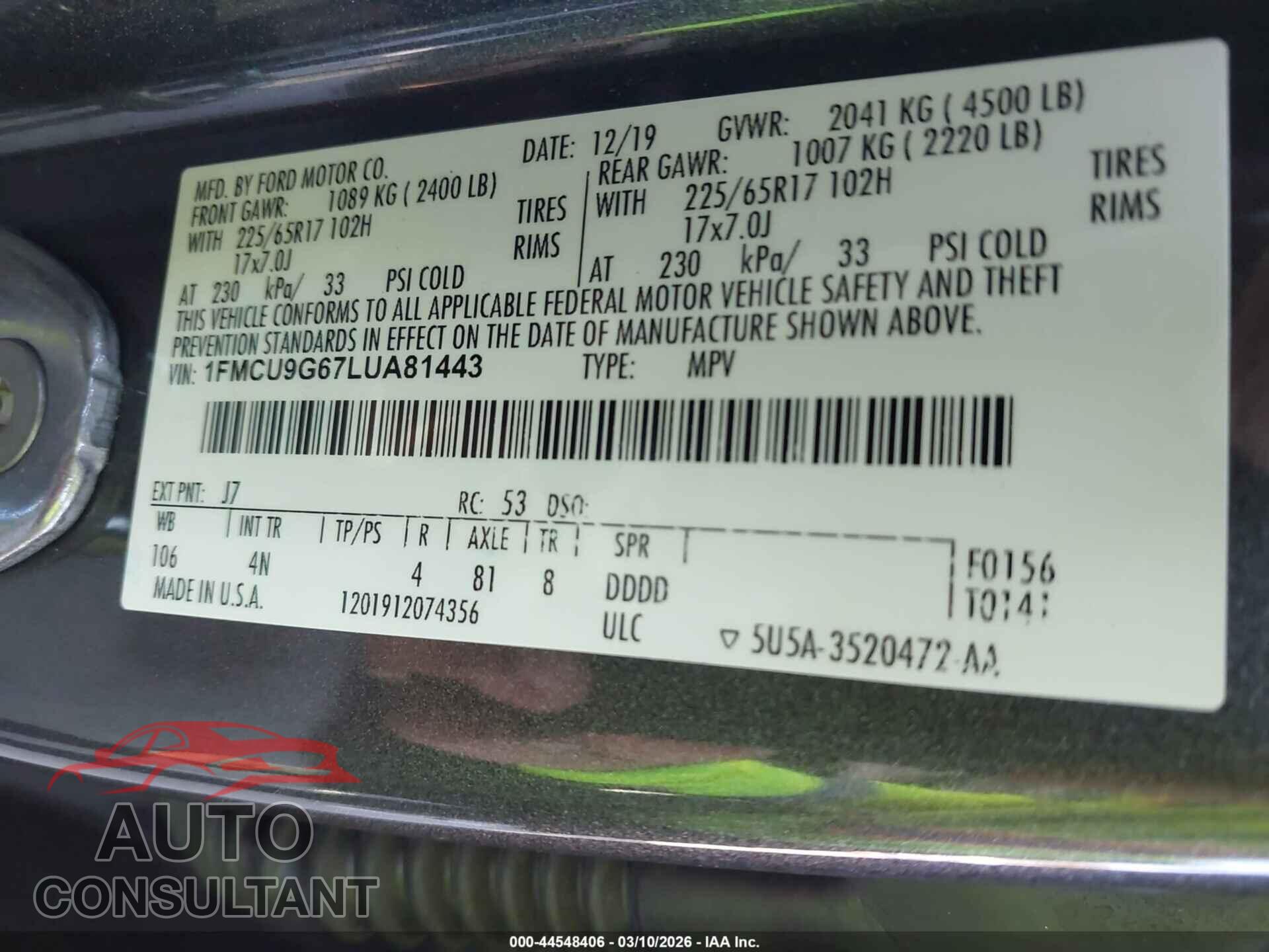 FORD ESCAPE 2020 - 1FMCU9G67LUA81443