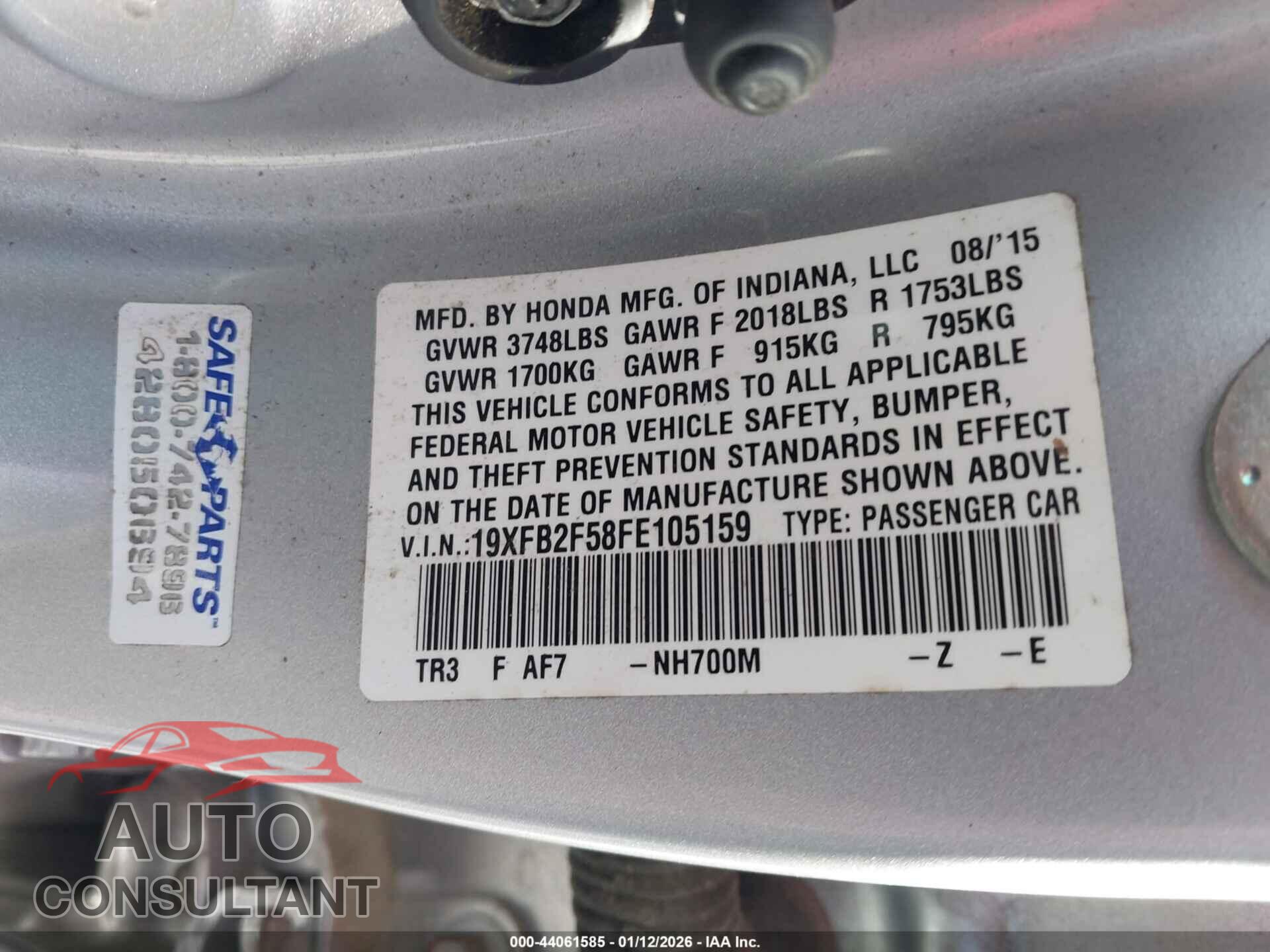 HONDA CIVIC 2015 - 19XFB2F58FE105159