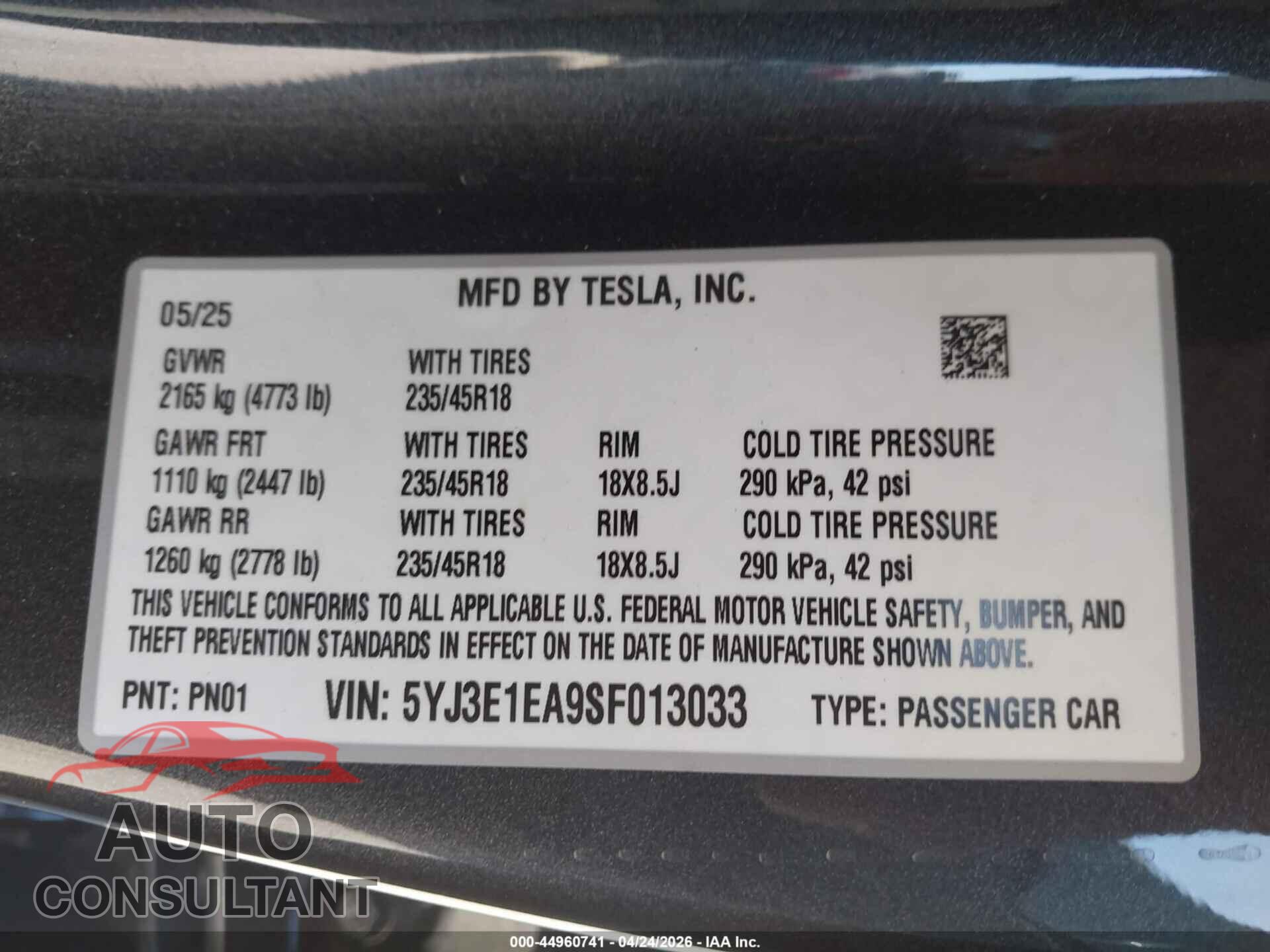 TESLA MODEL 3 2025 - 5YJ3E1EA9SF013033