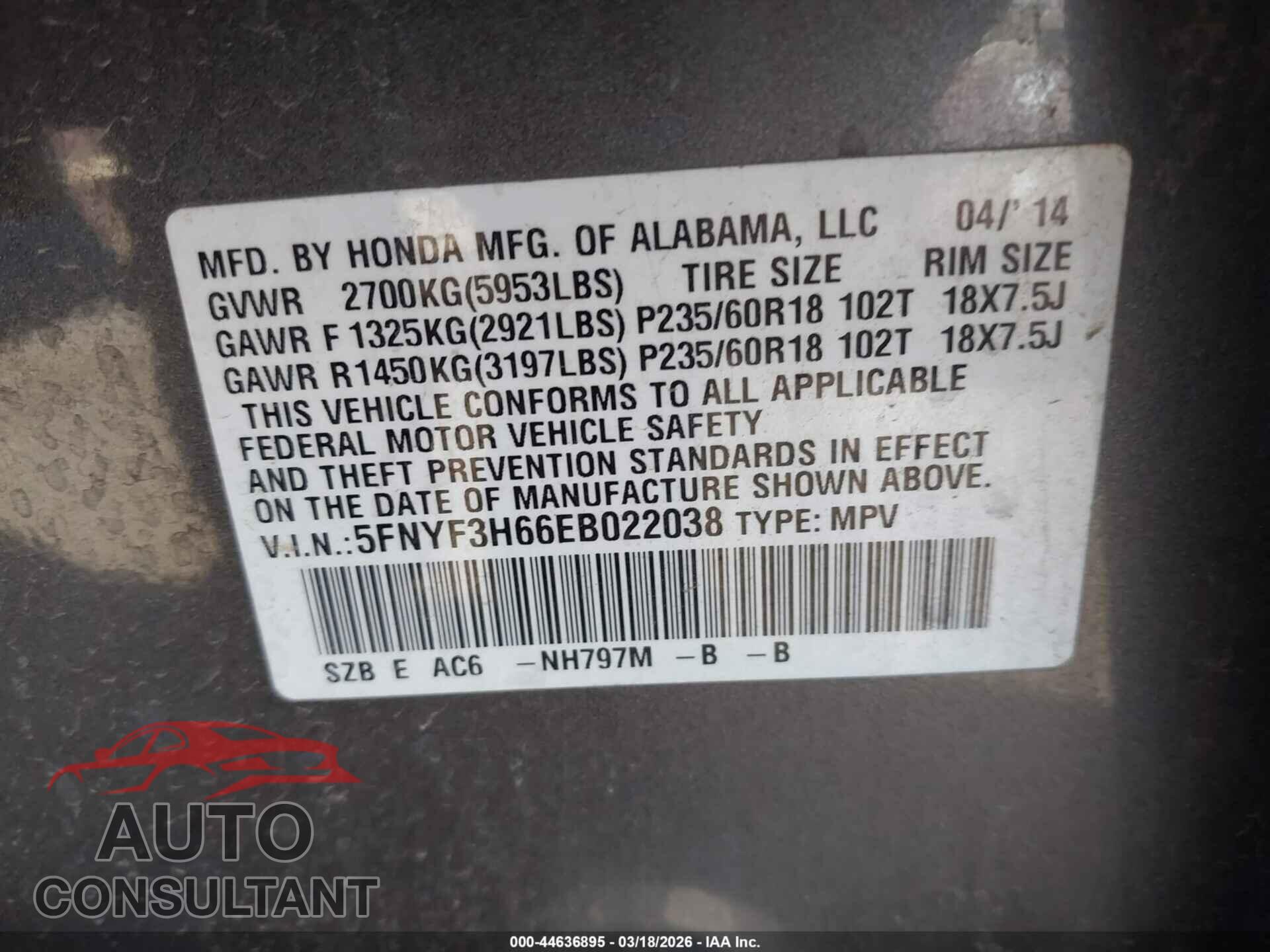 HONDA PILOT 2014 - 5FNYF3H66EB022038