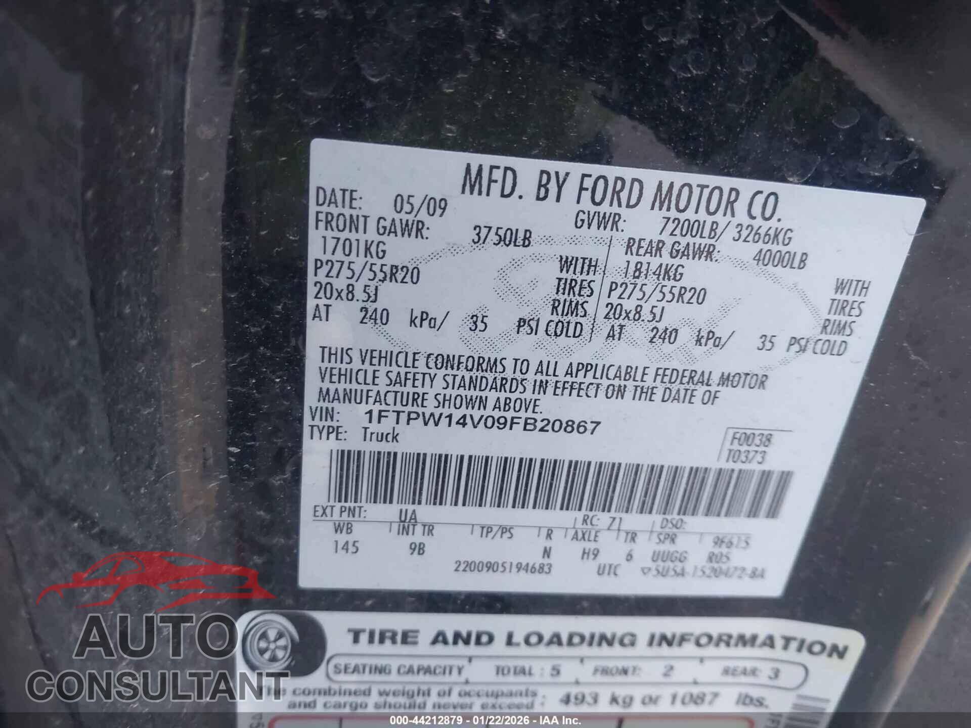 FORD F-150 2009 - 1FTPW14V09FB20867