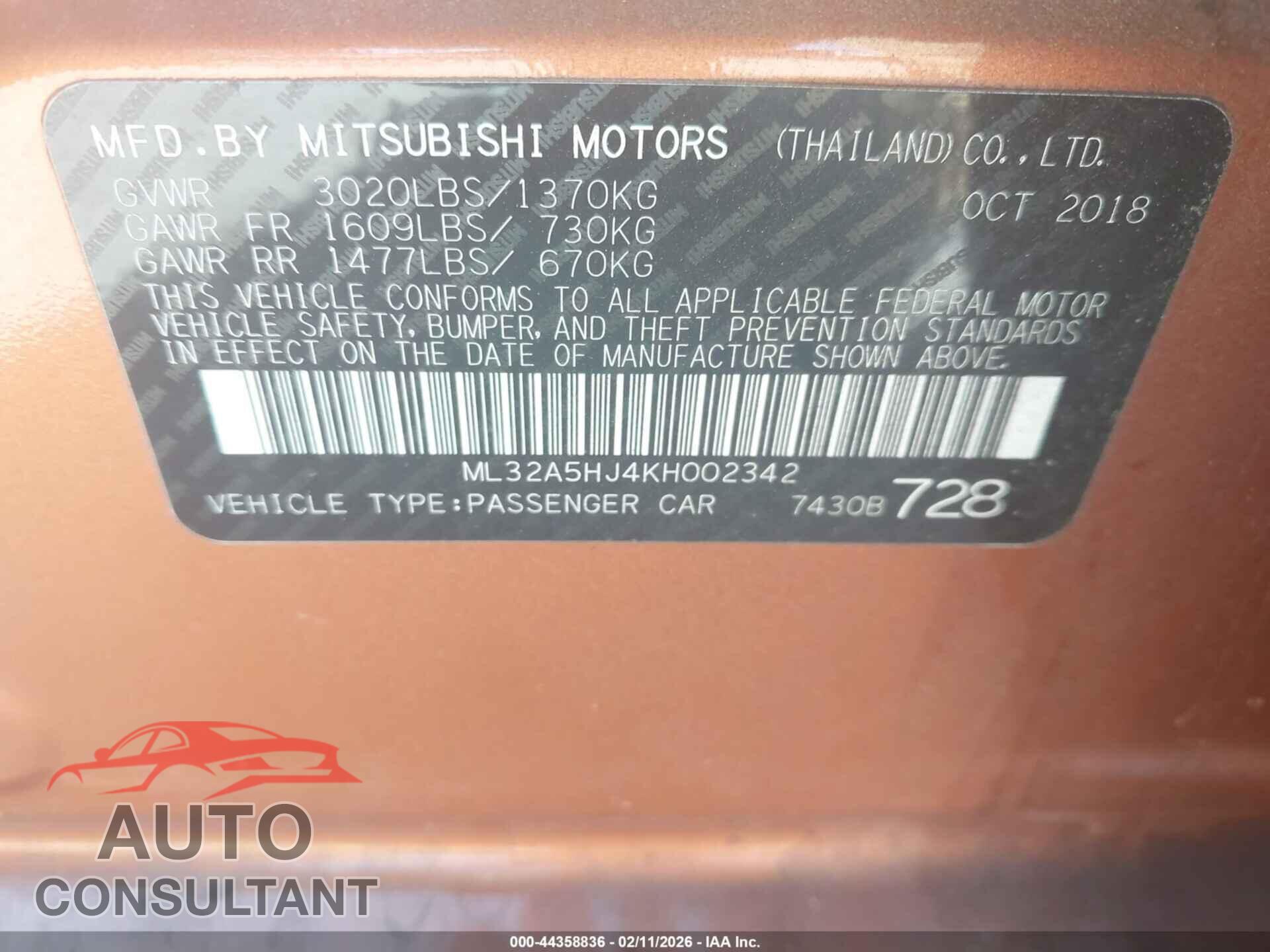 MITSUBISHI MIRAGE 2019 - ML32A5HJ4KH002342