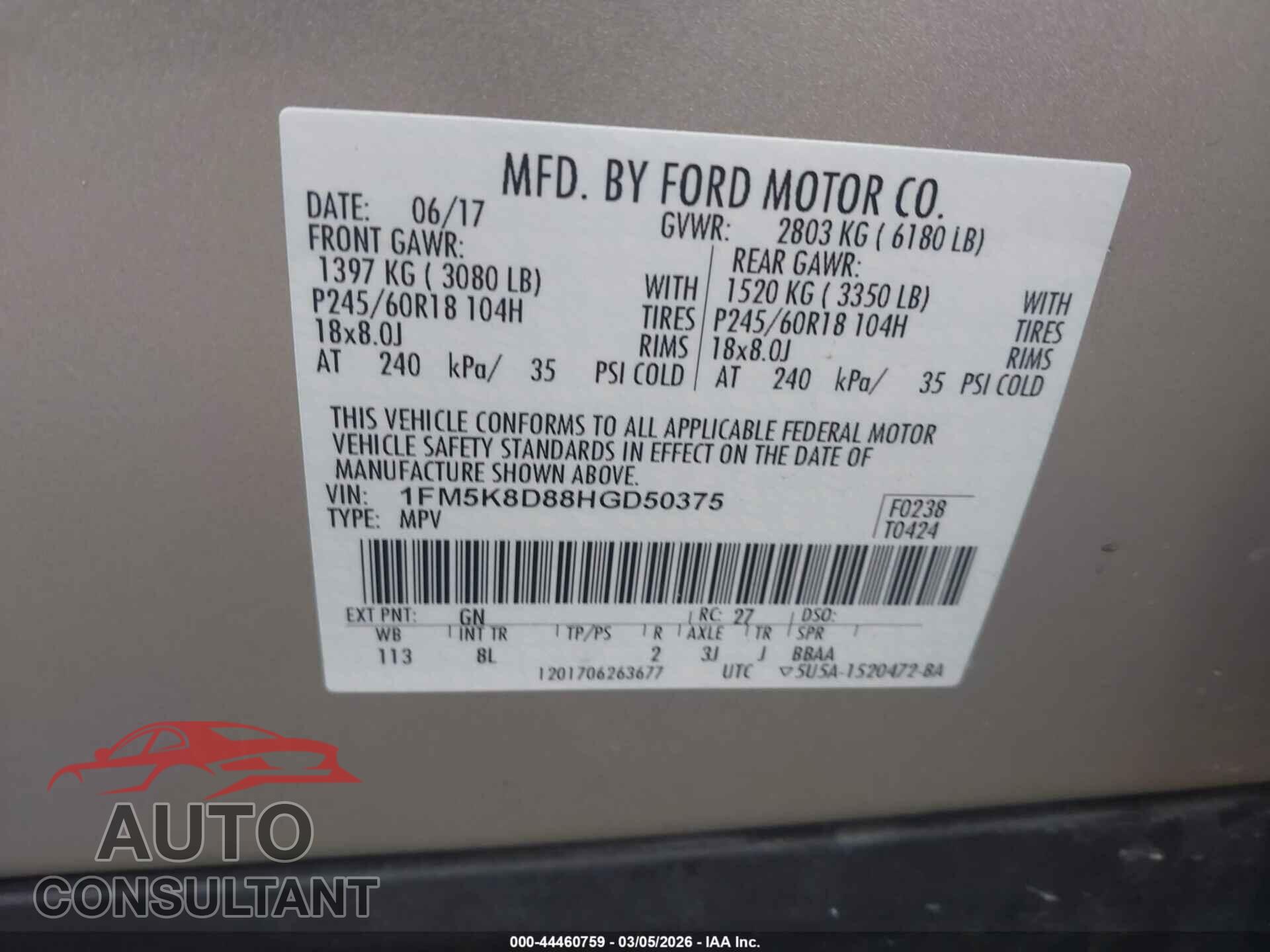 FORD EXPLORER 2017 - 1FM5K8D88HGD50375