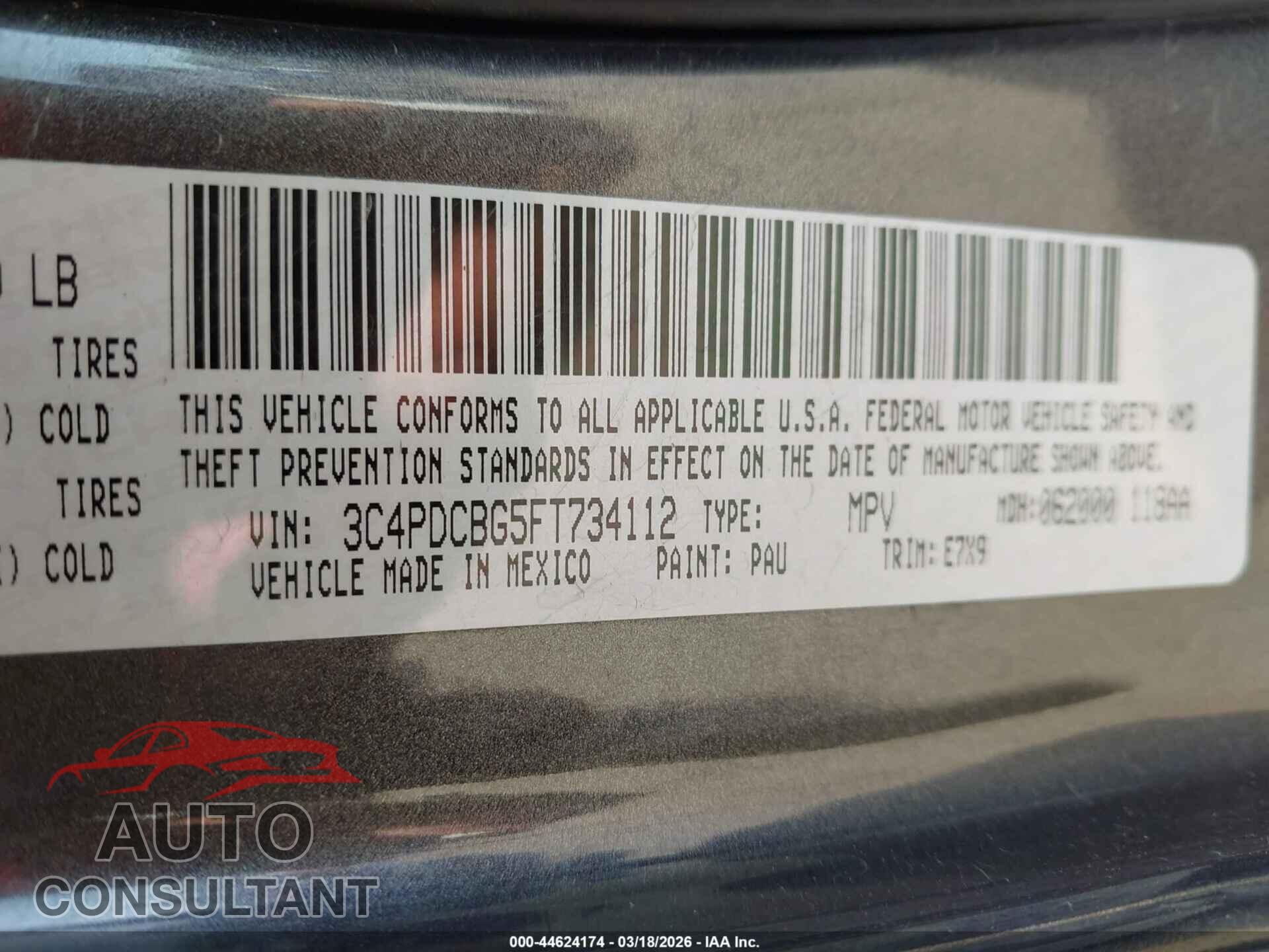 DODGE JOURNEY 2015 - 3C4PDCBG5FT734112