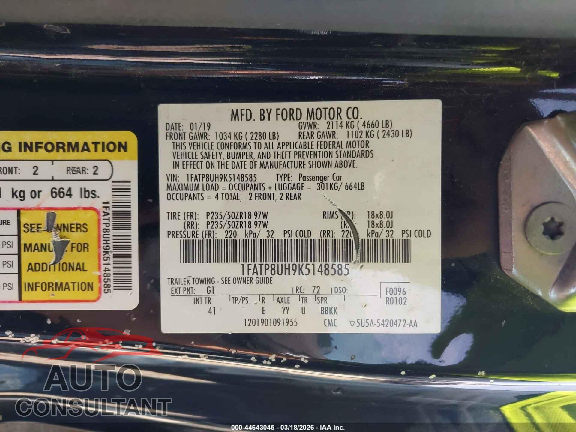 FORD MUSTANG 2019 - 1FATP8UH9K5148585