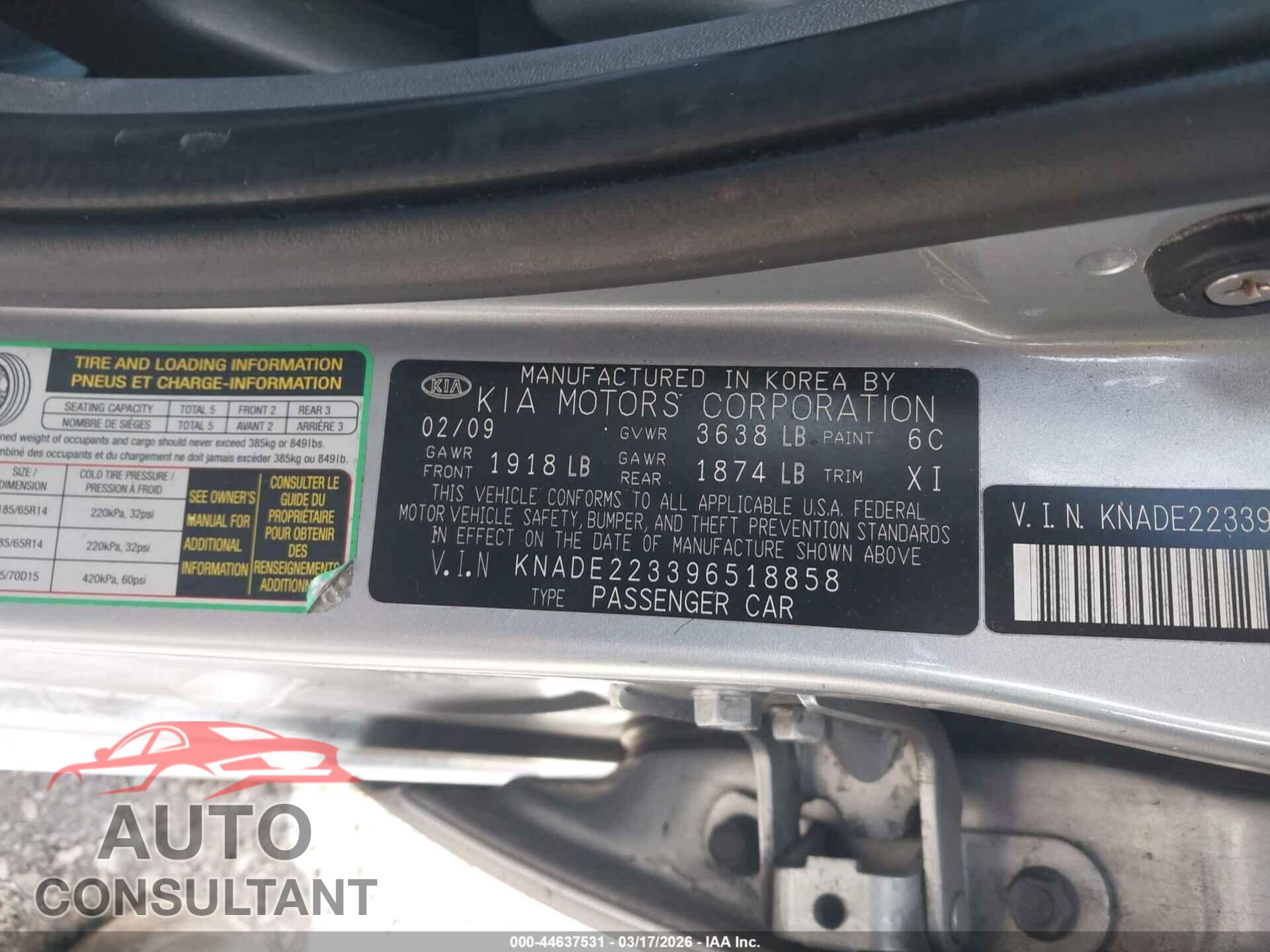 KIA RIO 2009 - KNADE223396518858