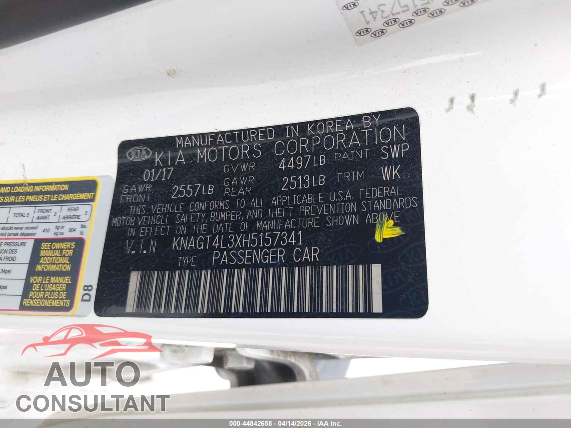 KIA OPTIMA 2017 - KNAGT4L3XH5157341