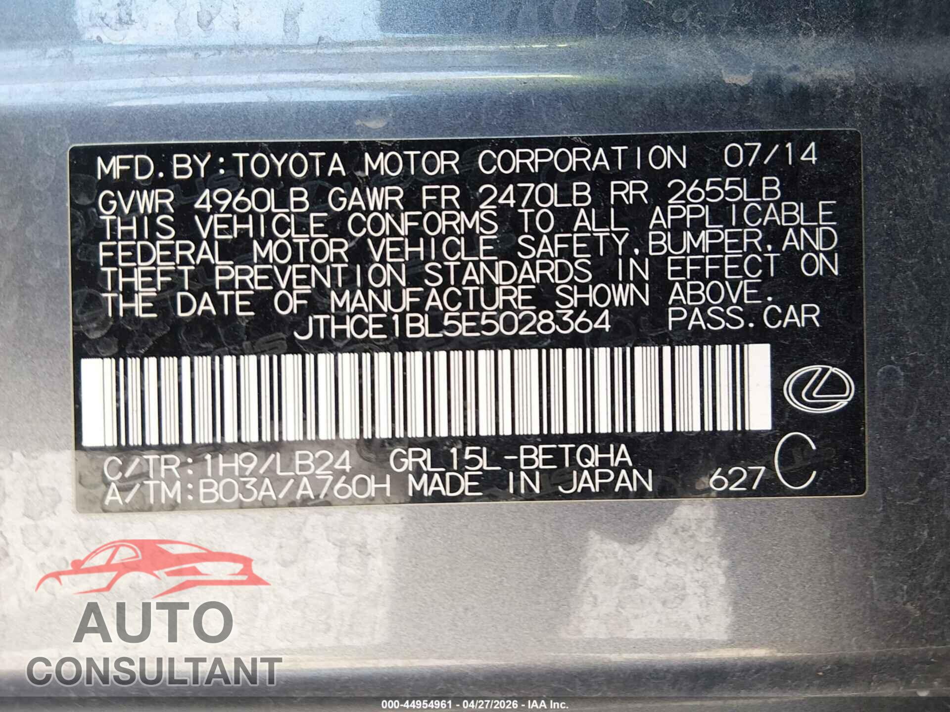 LEXUS GS 350 2014 - JTHCE1BL5E5028364
