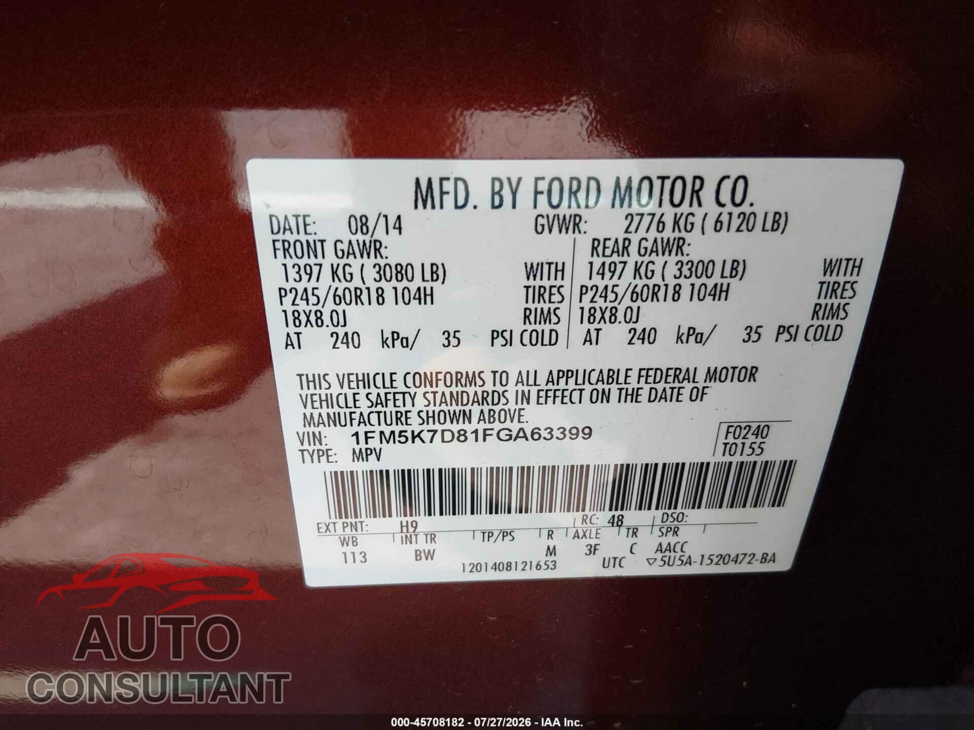 FORD EXPLORER 2015 - 1FM5K7D81FGA63399