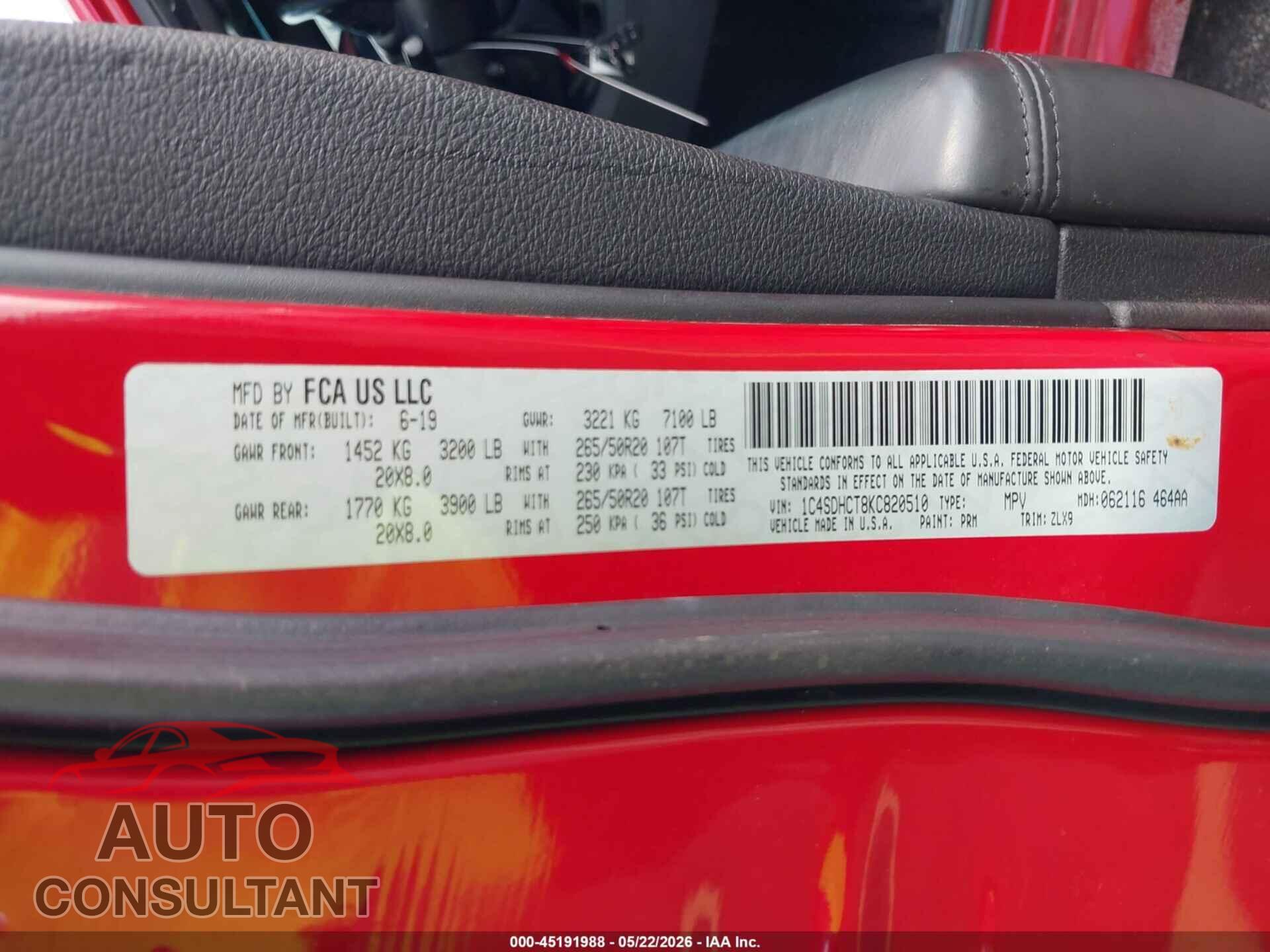 DODGE DURANGO 2019 - 1C4SDHCT8KC820510