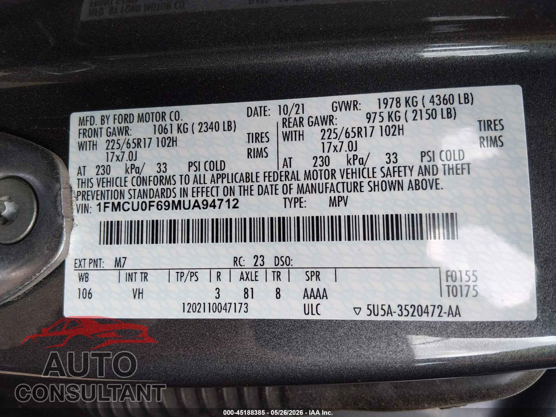FORD ESCAPE 2021 - 1FMCU0F69MUA94712