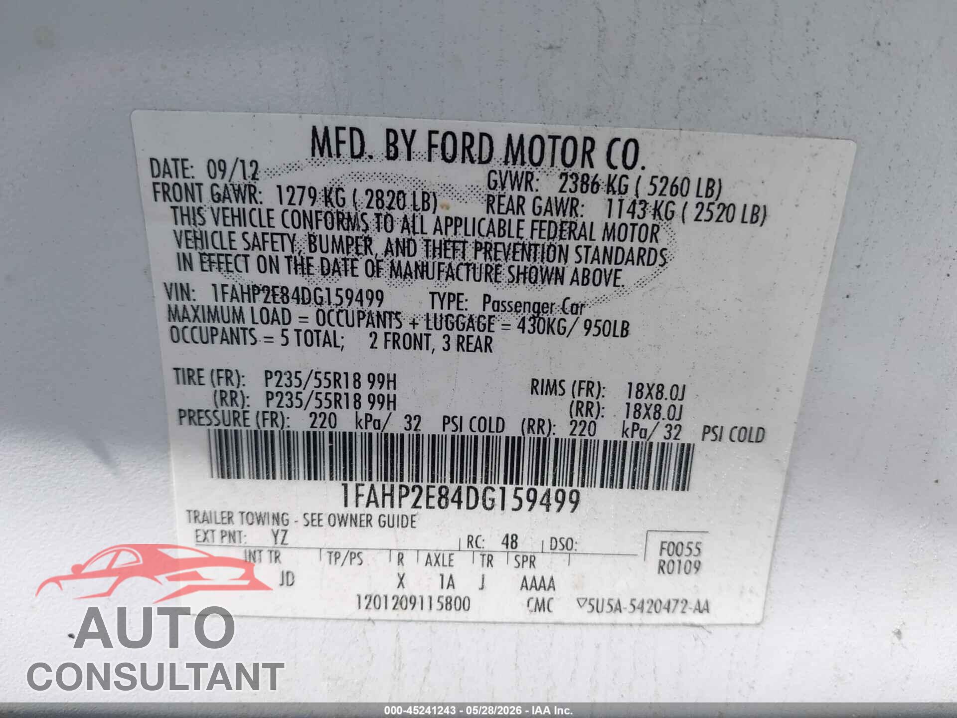 FORD TAURUS 2013 - 1FAHP2E84DG159499