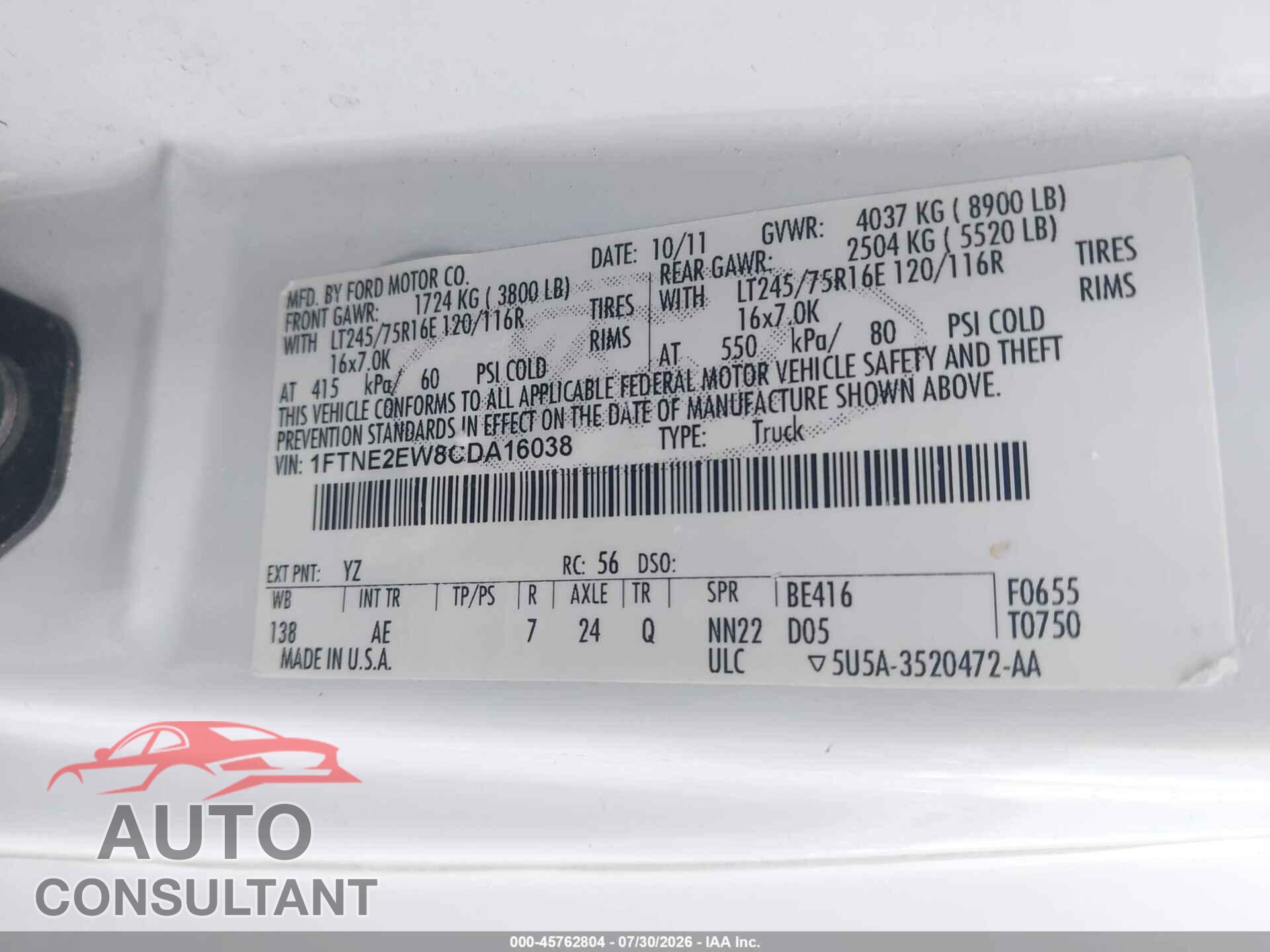 FORD E-250 2012 - 1FTNE2EW8CDA16038