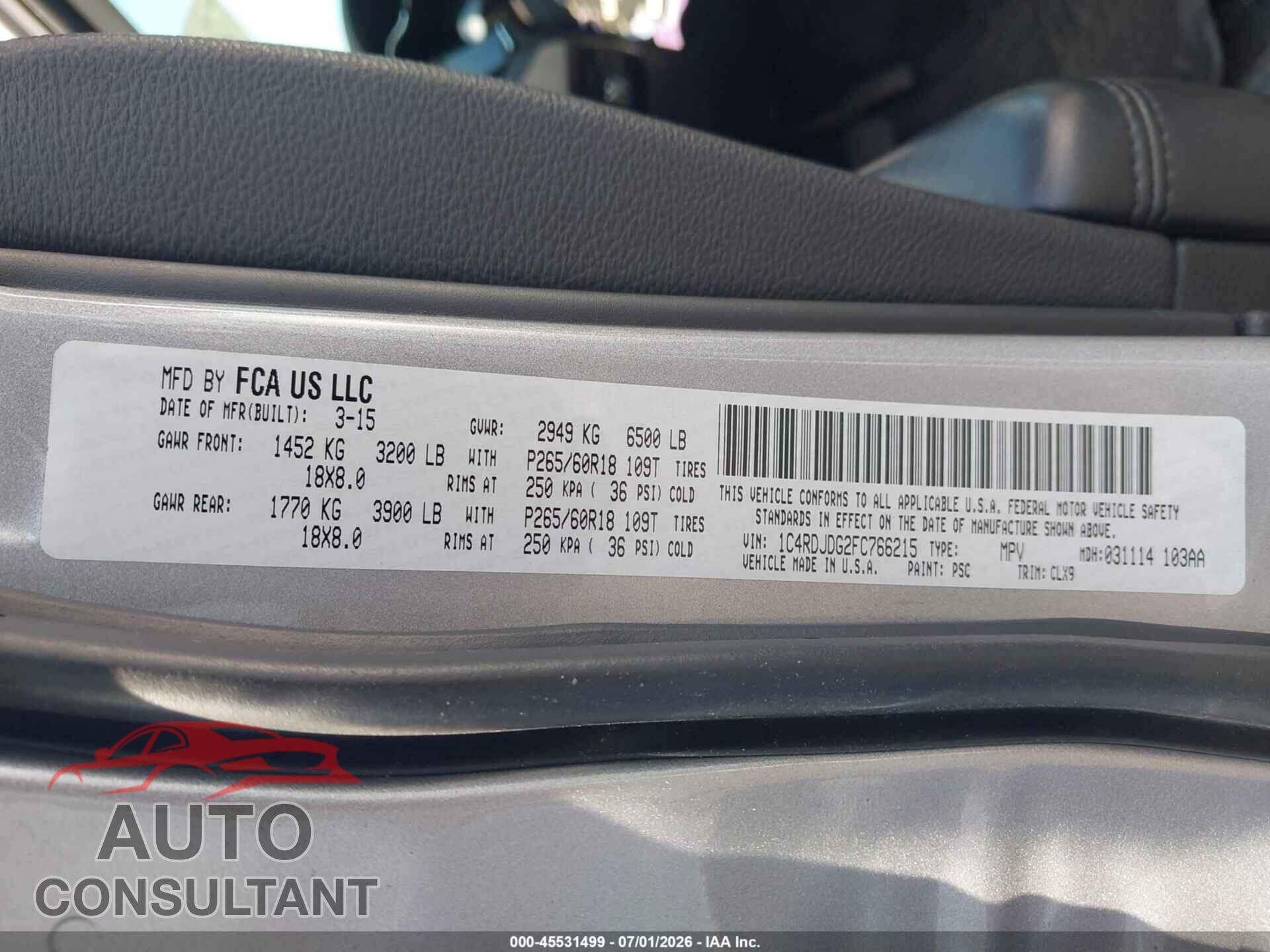 DODGE DURANGO 2015 - 1C4RDJDG2FC766215
