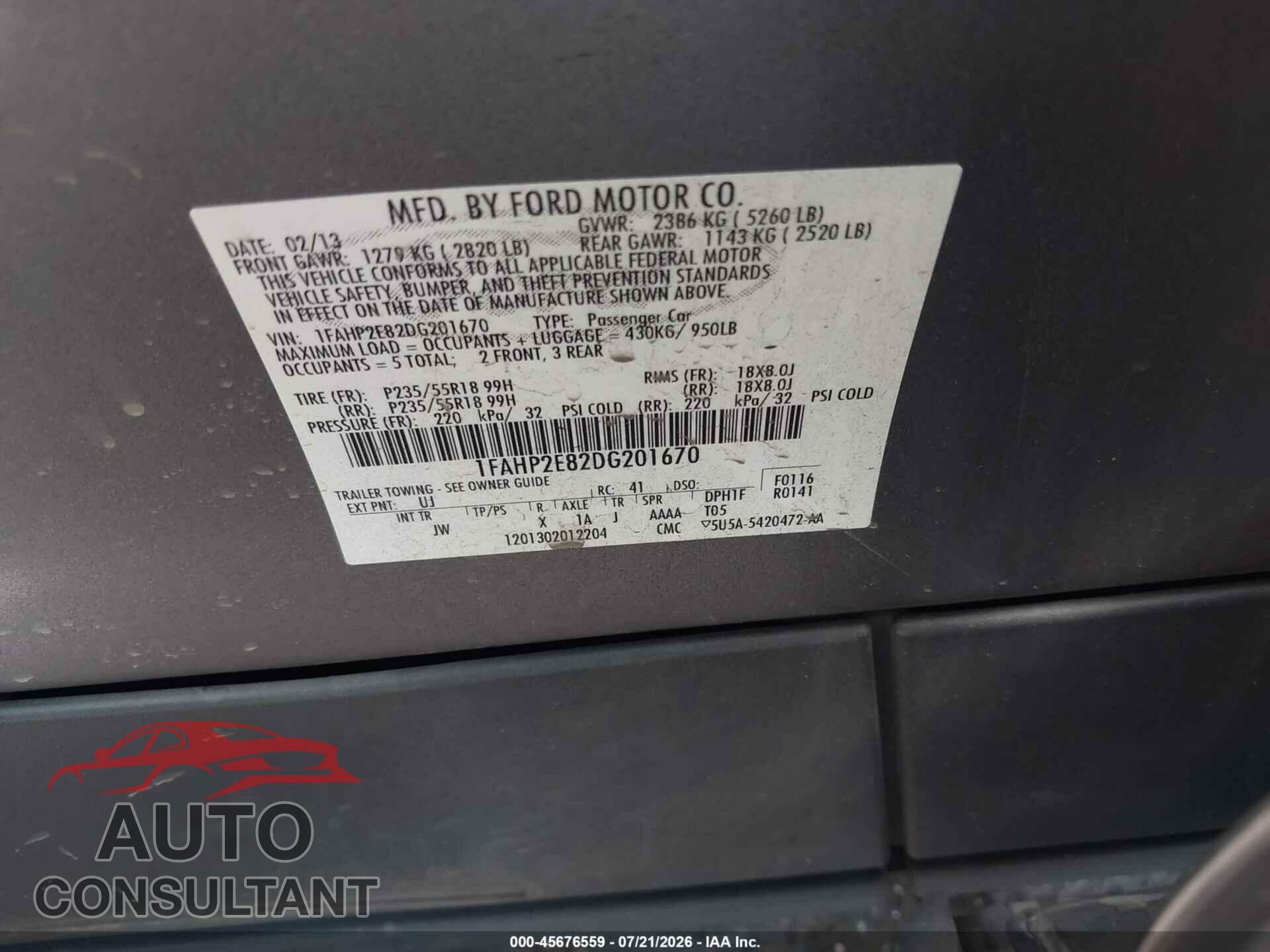 FORD TAURUS 2013 - 1FAHP2E82DG201670