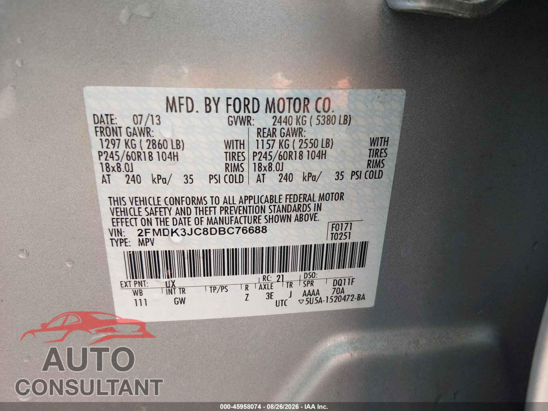 FORD EDGE 2013 - 2FMDK3JC8DBC76688