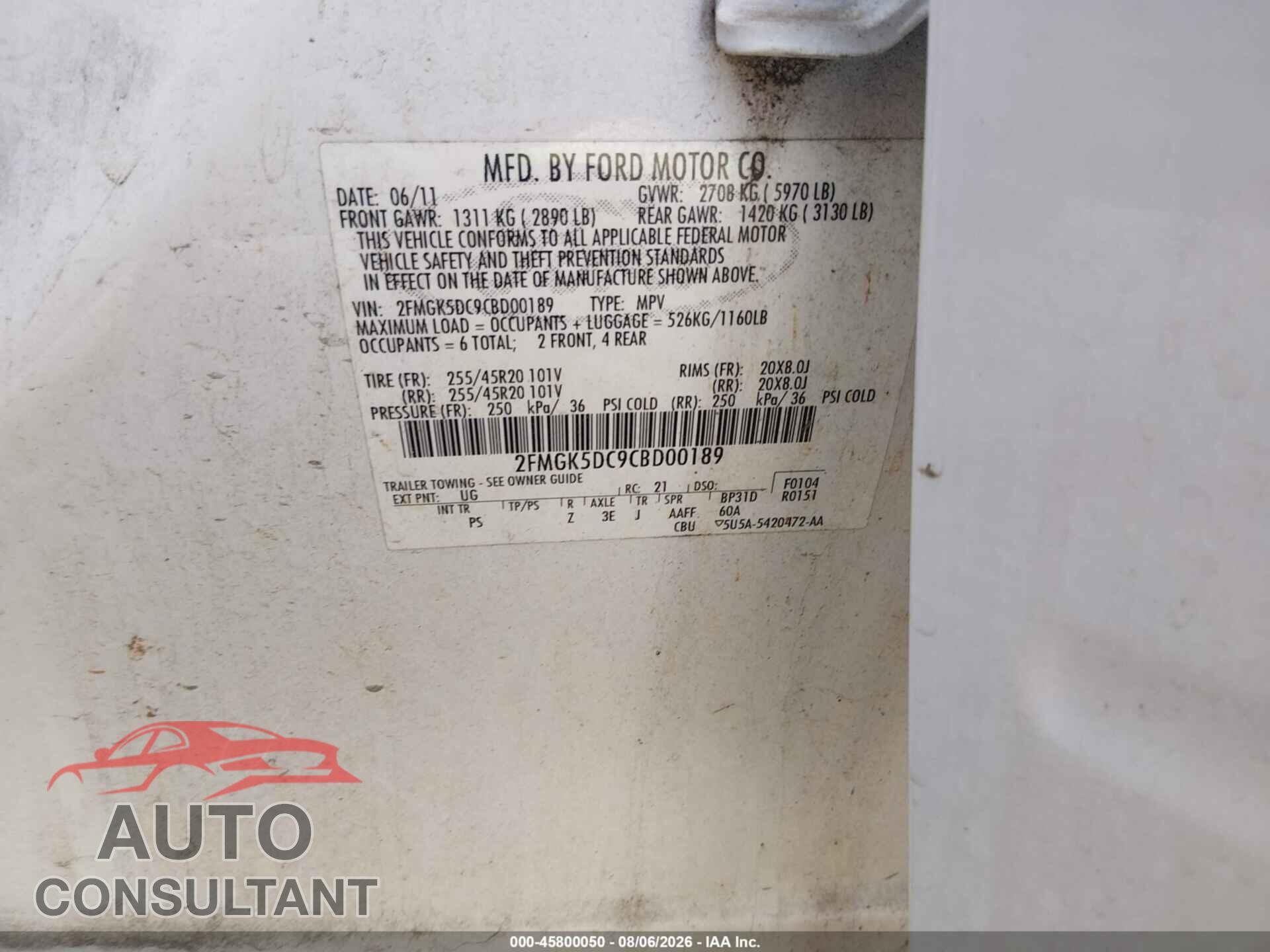 FORD FLEX 2012 - 2FMGK5DC9CBD00189