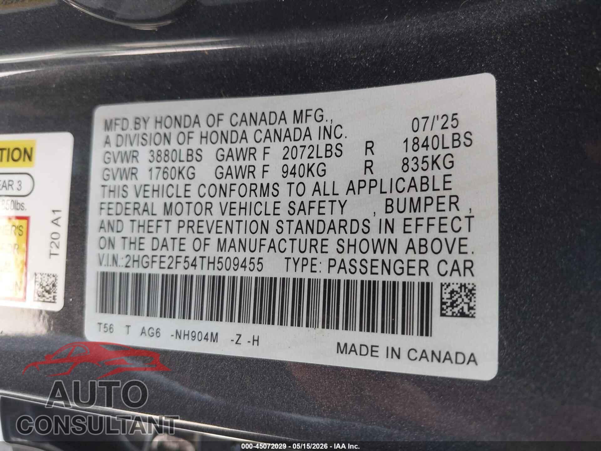 HONDA CIVIC 2026 - 2HGFE2F54TH509455