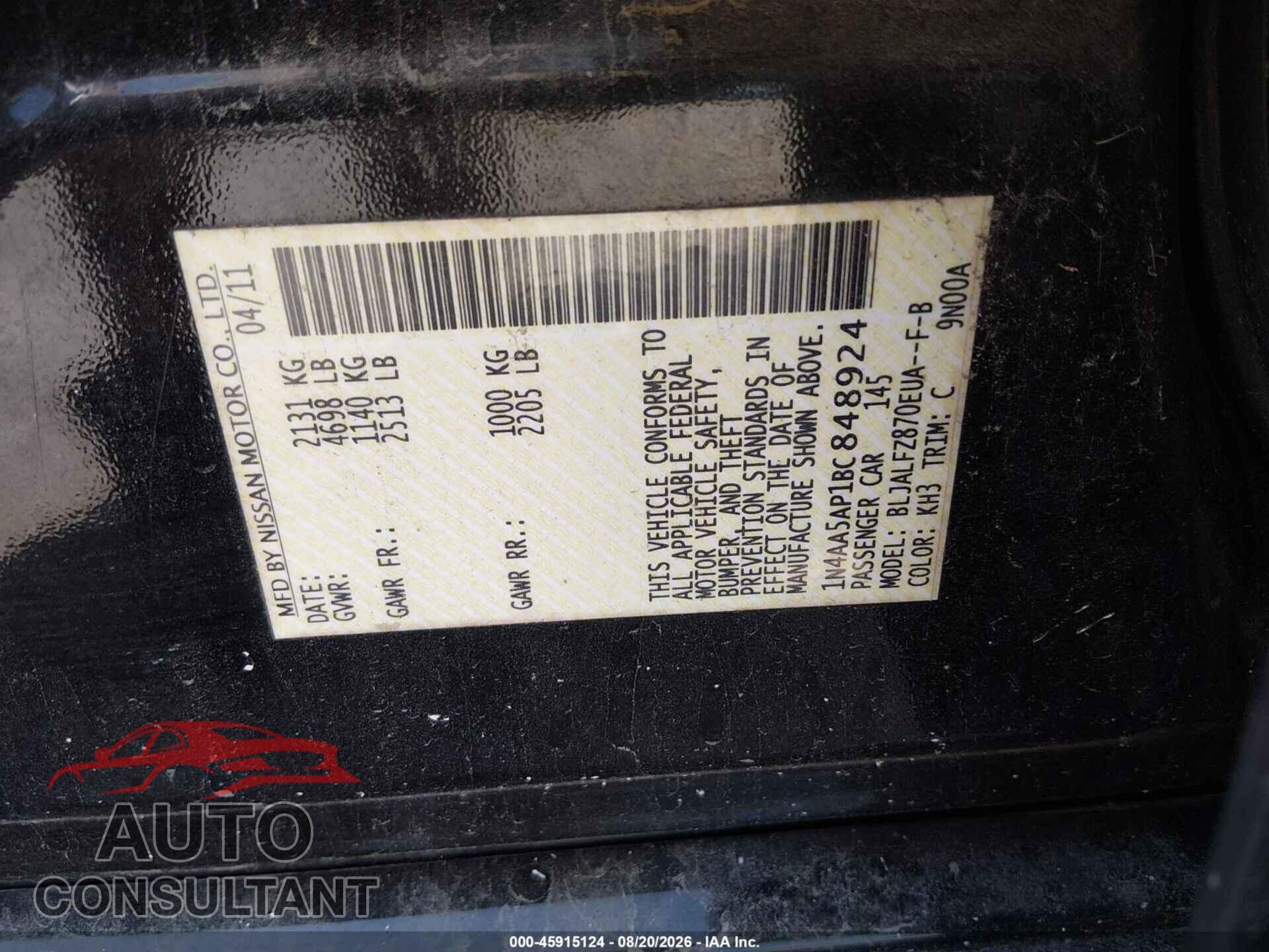 NISSAN MAXIMA 2011 - 1N4AA5AP1BC848924