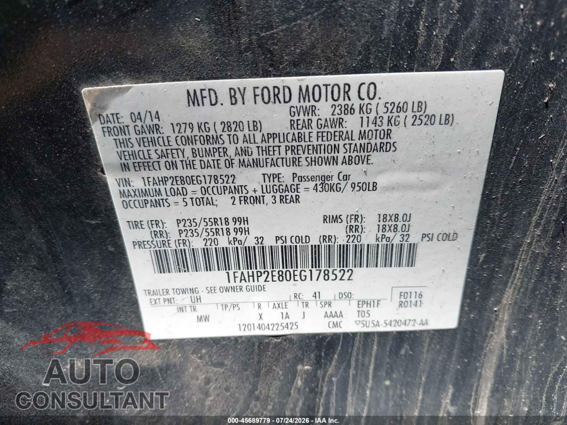 FORD TAURUS 2014 - 1FAHP2E80EG178522