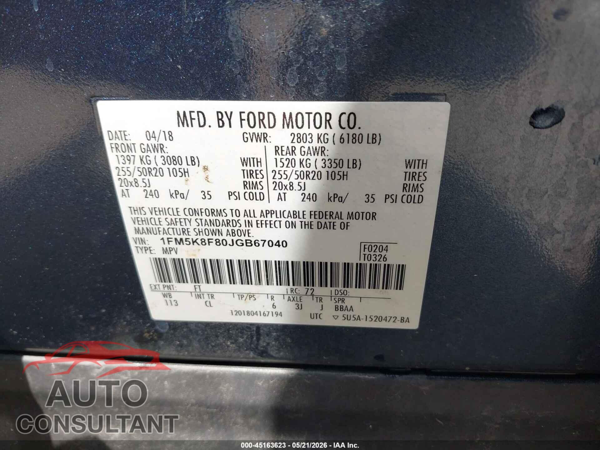 FORD EXPLORER 2018 - 1FM5K8F80JGB67040