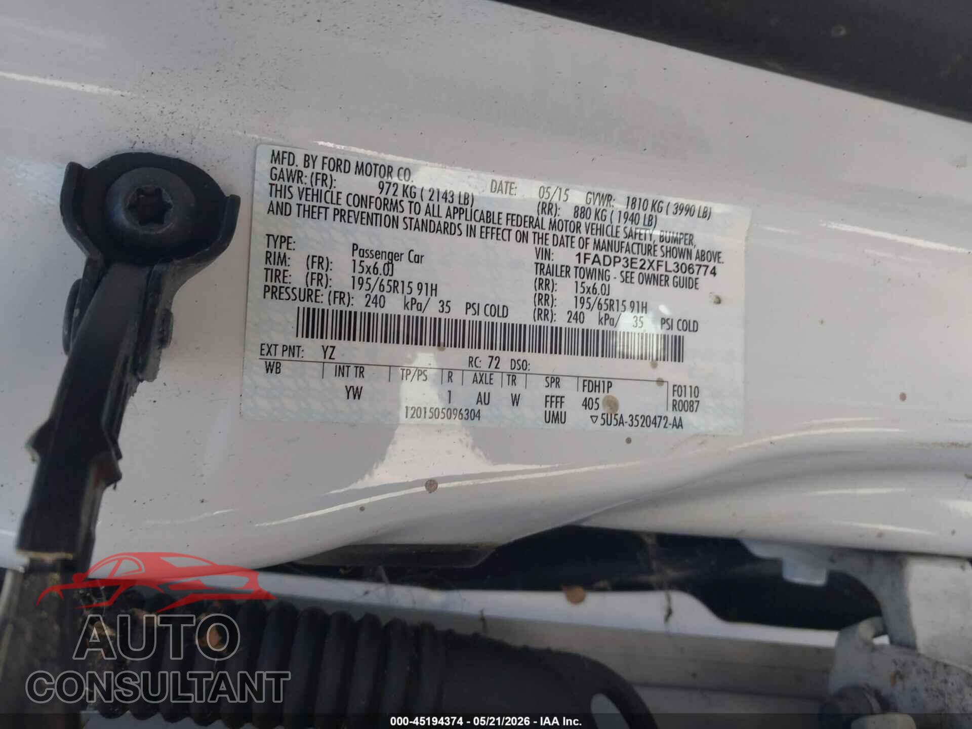 FORD FOCUS 2015 - 1FADP3E2XFL306774