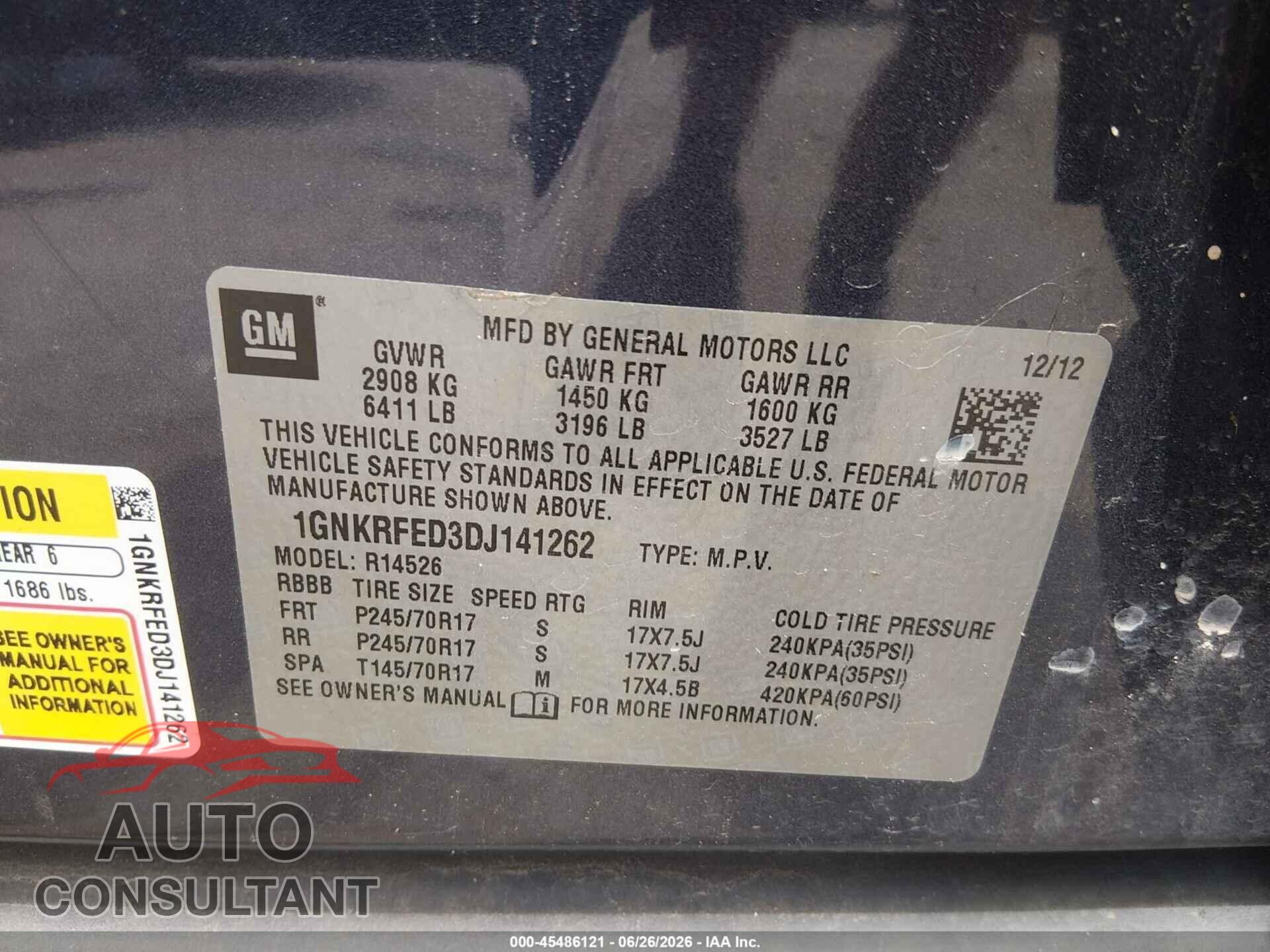 CHEVROLET TRAVERSE 2013 - 1GNKRFED3DJ141262