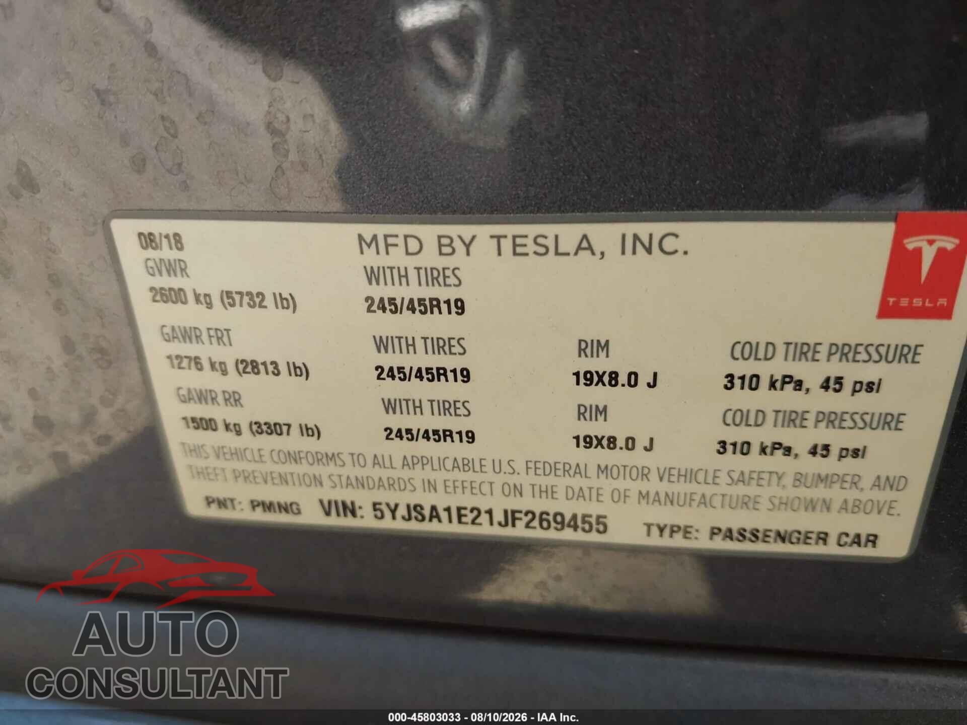 TESLA MODEL S 2018 - 5YJSA1E21JF269455