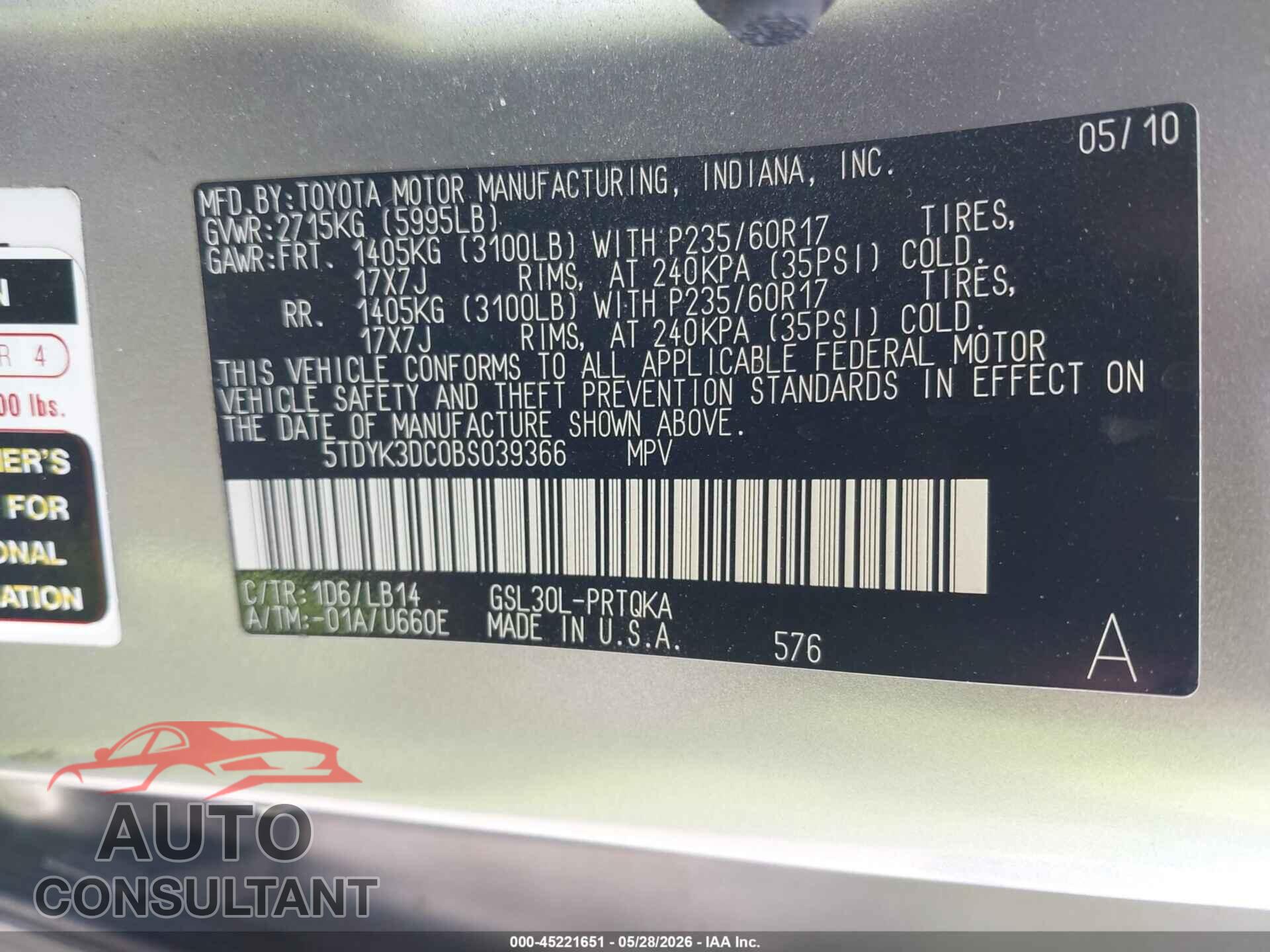 TOYOTA SIENNA 2011 - 5TDYK3DC0BS039366