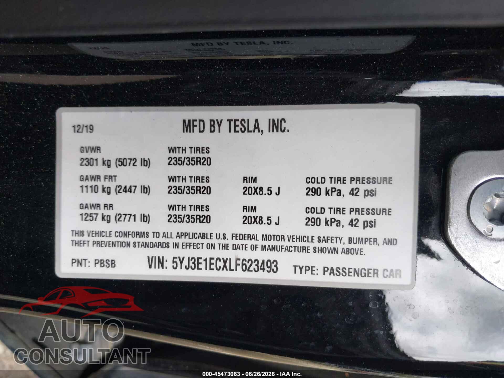 TESLA MODEL 3 2020 - 5YJ3E1ECXLF623493