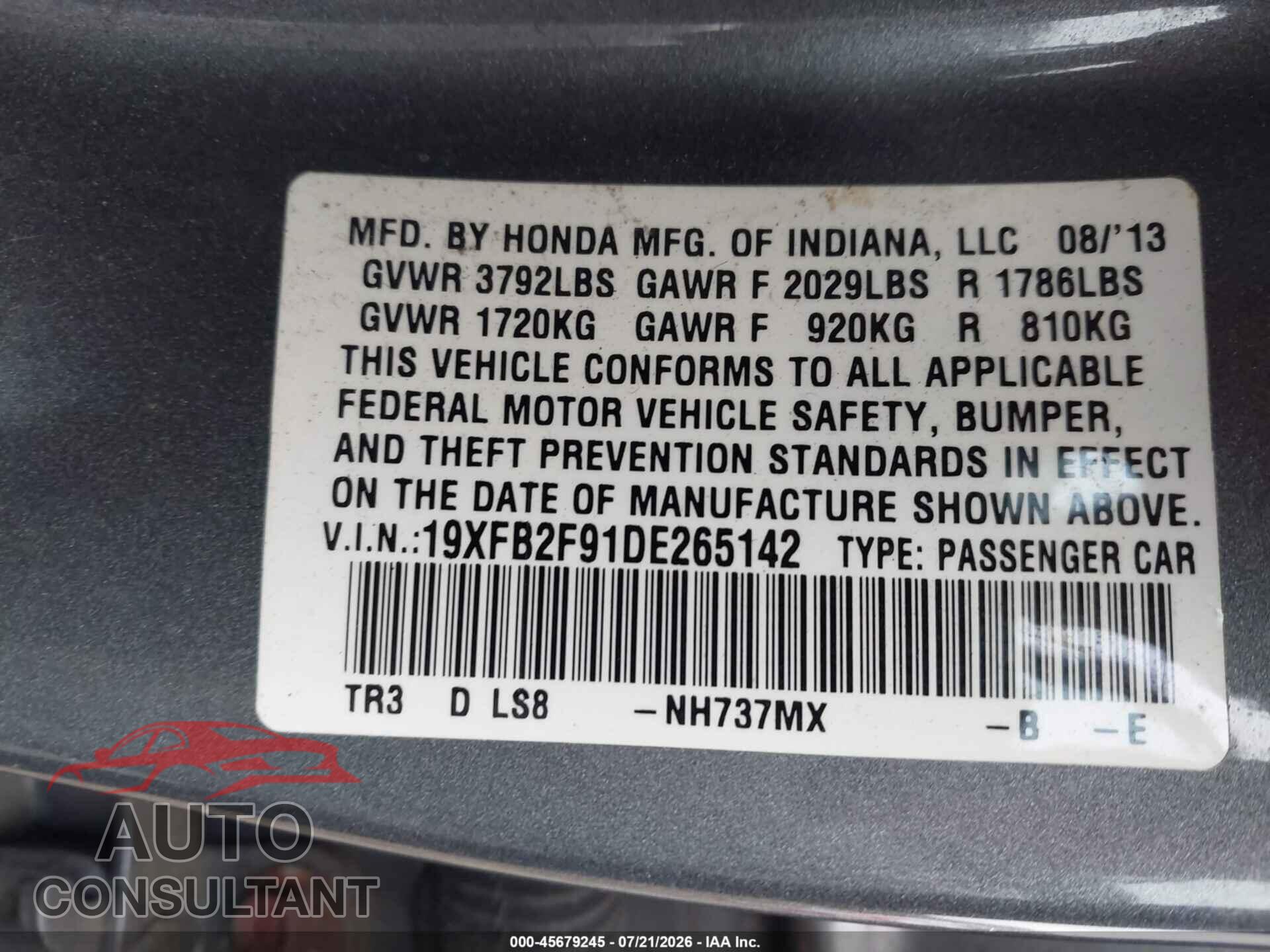 HONDA CIVIC 2013 - 19XFB2F91DE265142