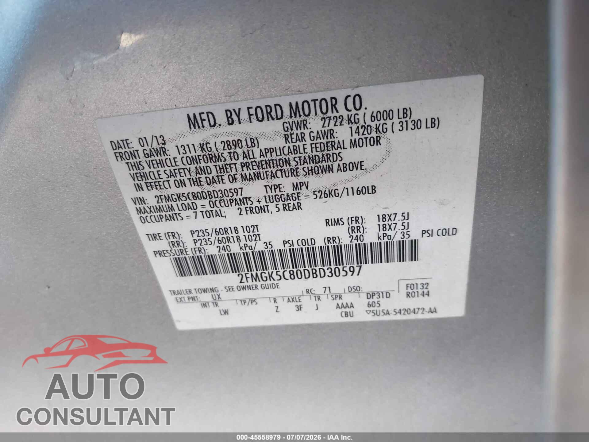 FORD FLEX 2013 - 2FMGK5C80DBD30597