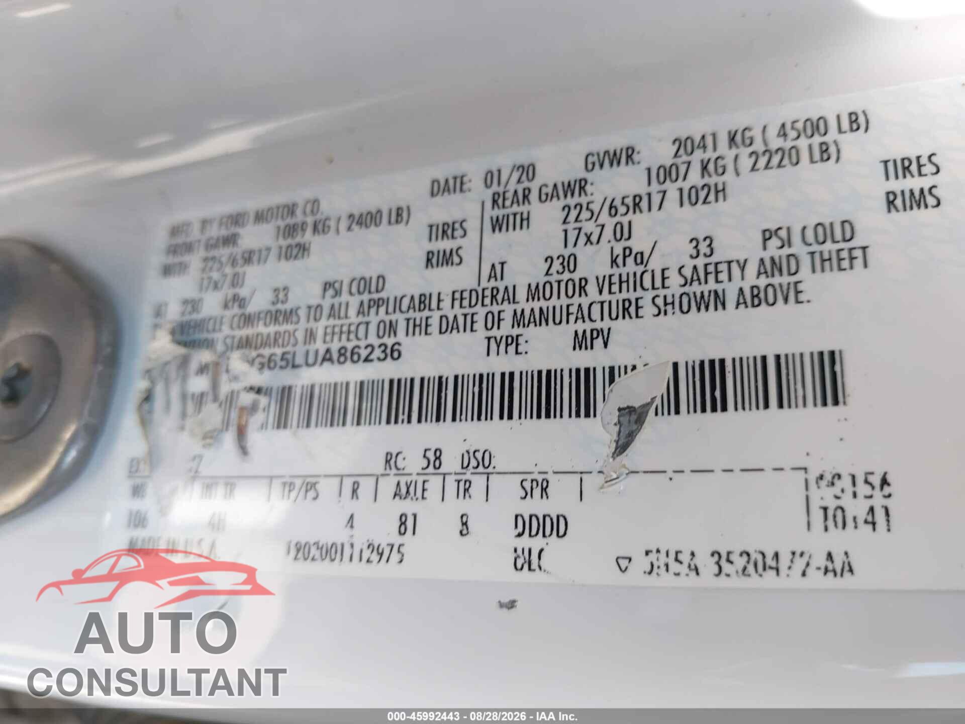 FORD ESCAPE 2020 - 1FMCU9G65LUA86236
