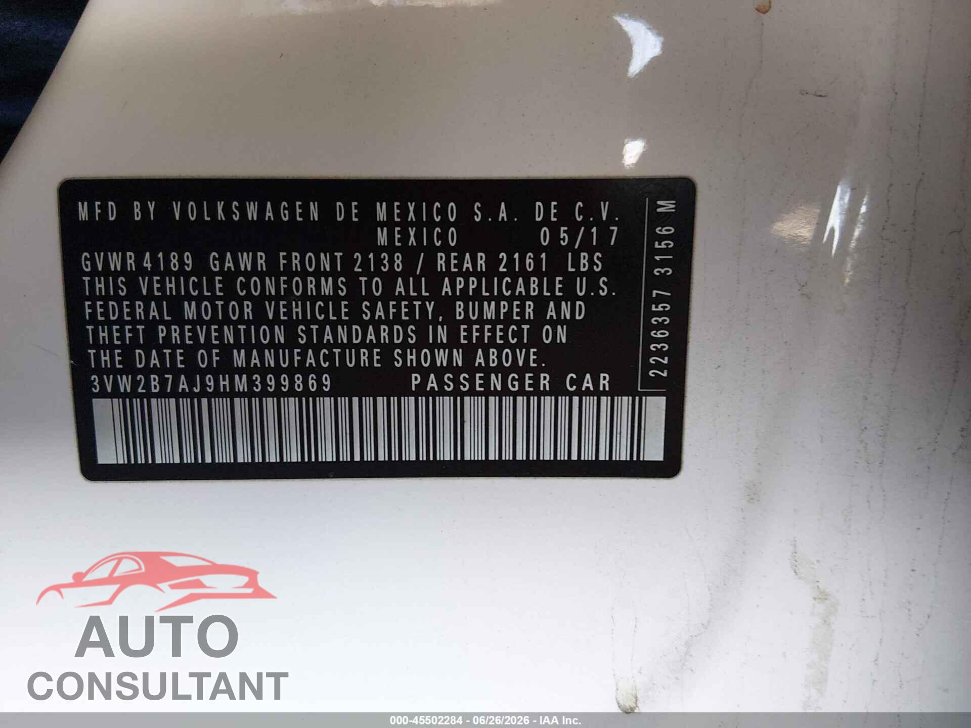 VOLKSWAGEN JETTA 2017 - 3VW2B7AJ9HM399869