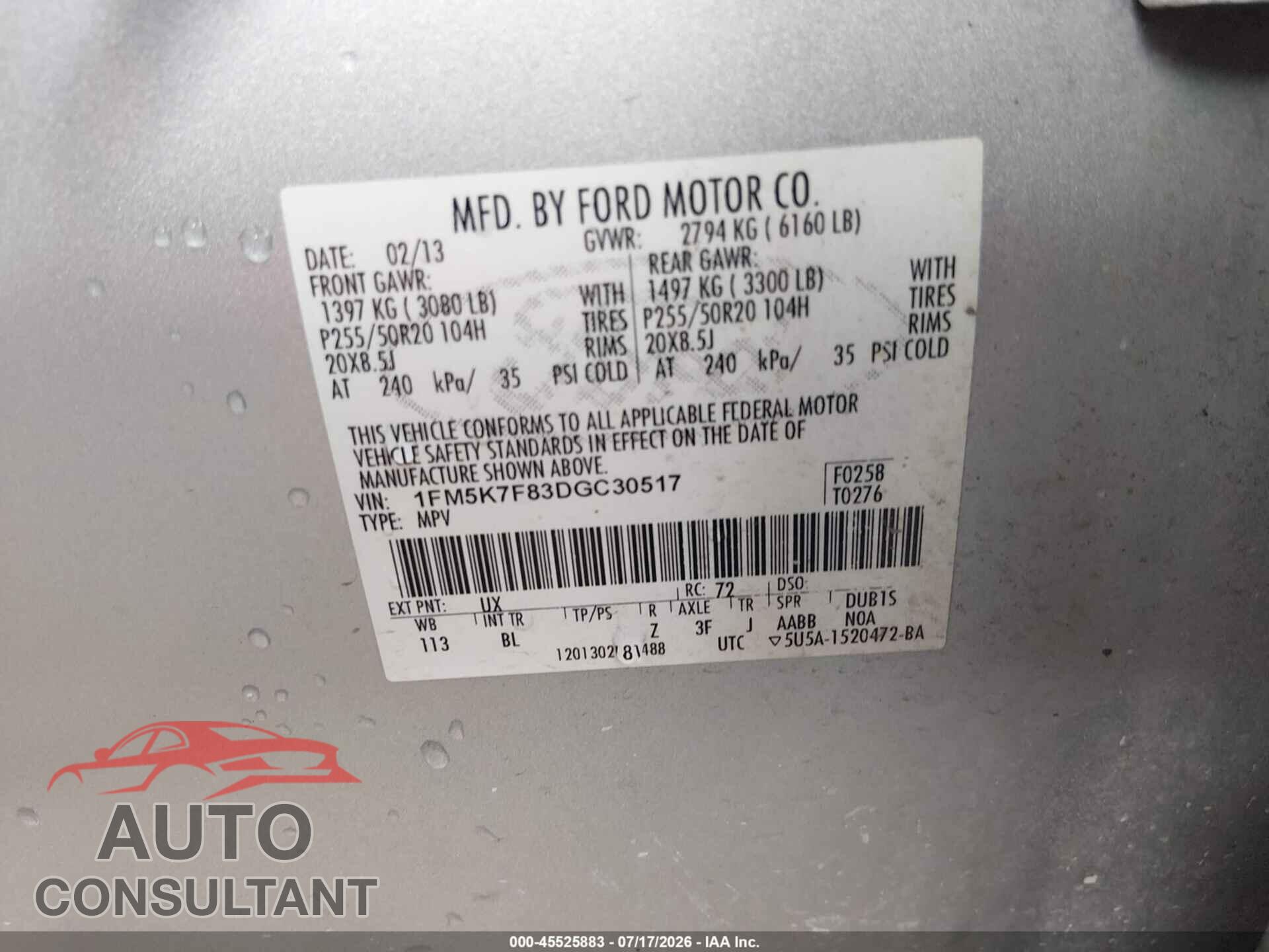 FORD EXPLORER 2013 - 1FM5K7F83DGC30517