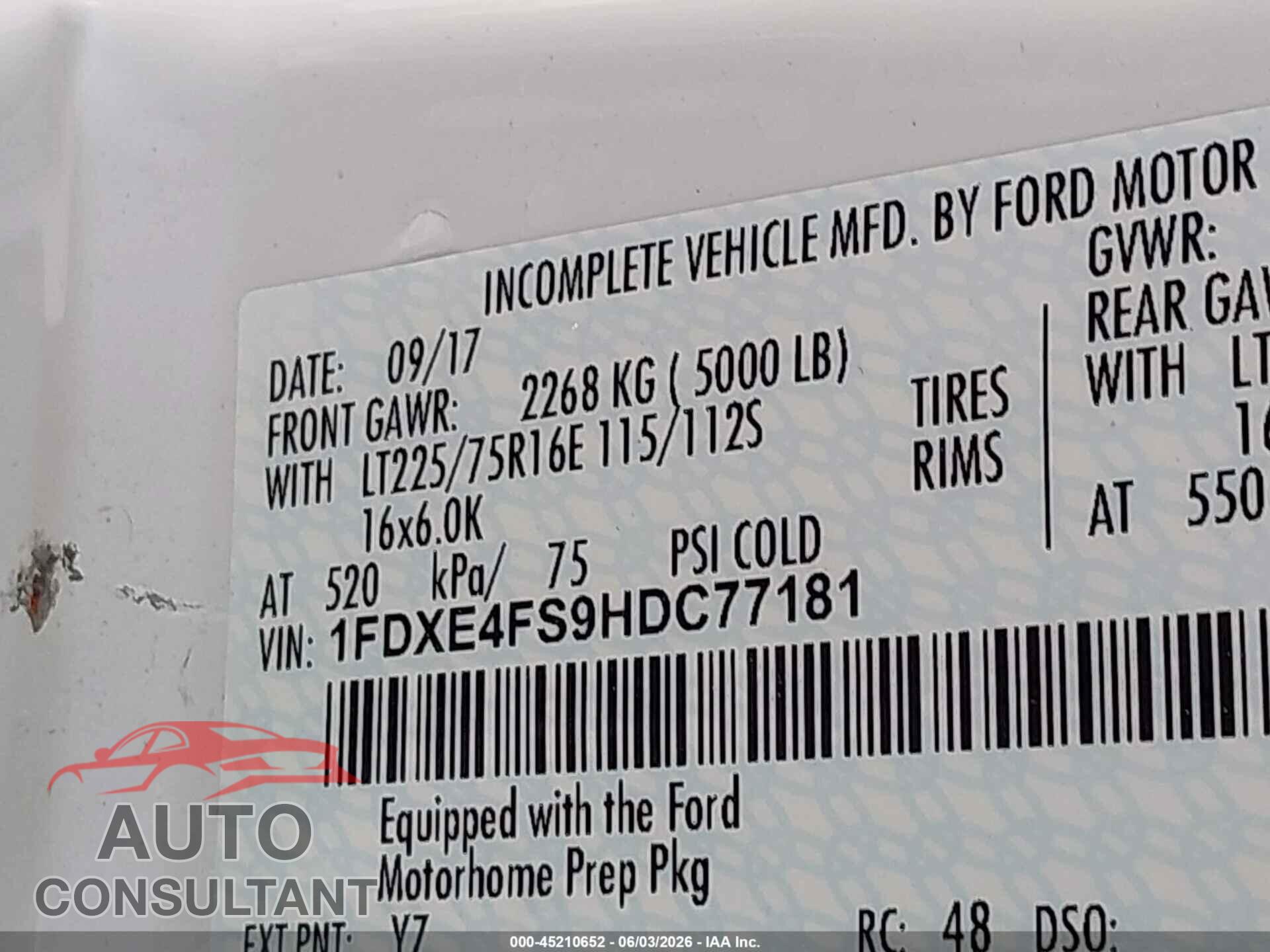 FORD E-450 CUTAWAY 2017 - 1FDXE4FS9HDC77181