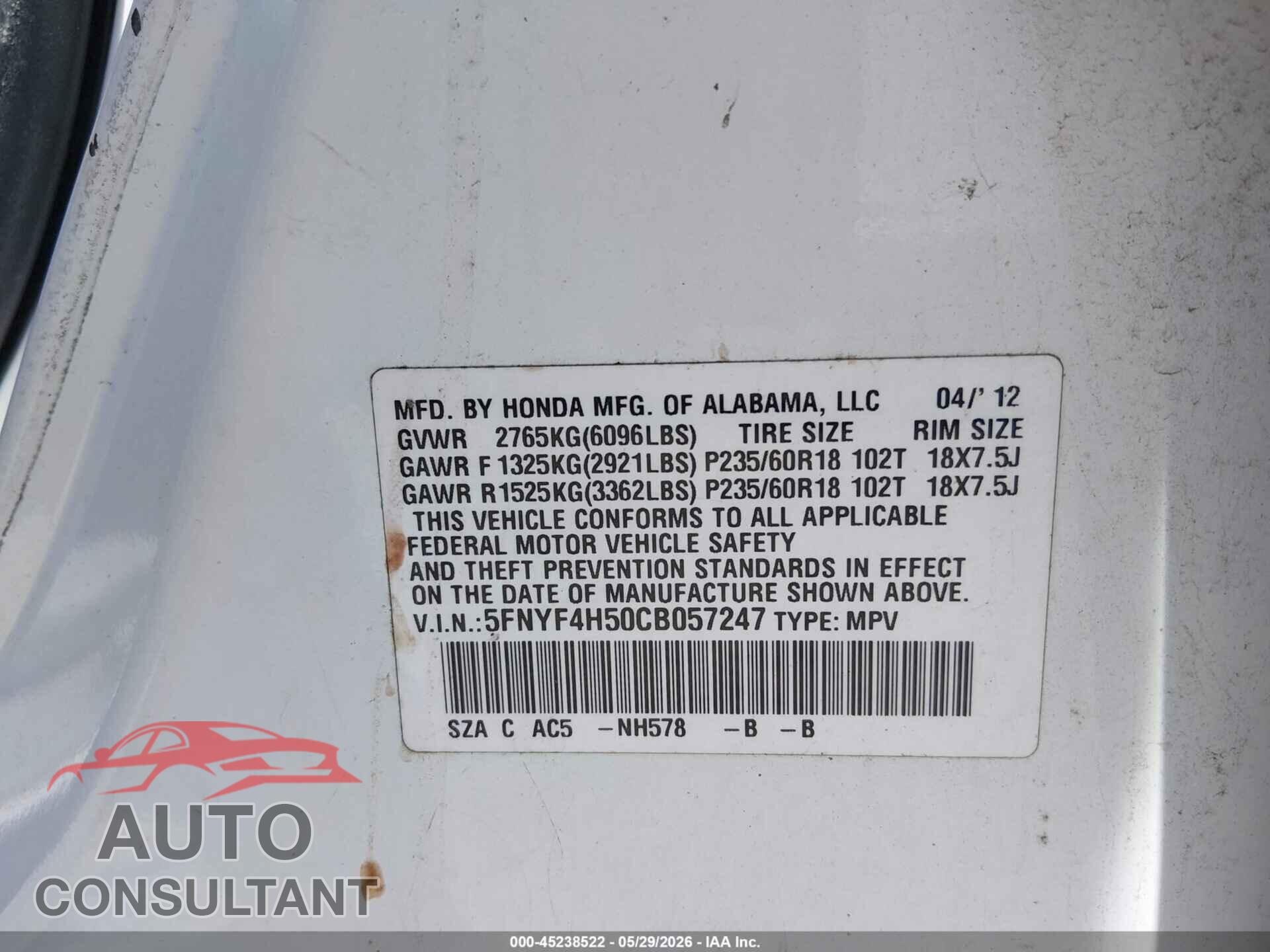 HONDA PILOT 2012 - 5FNYF4H50CB057247