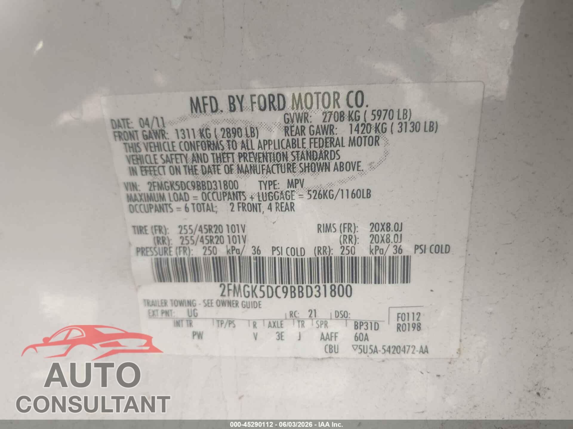 FORD FLEX 2011 - 2FMGK5DC9BBD31800