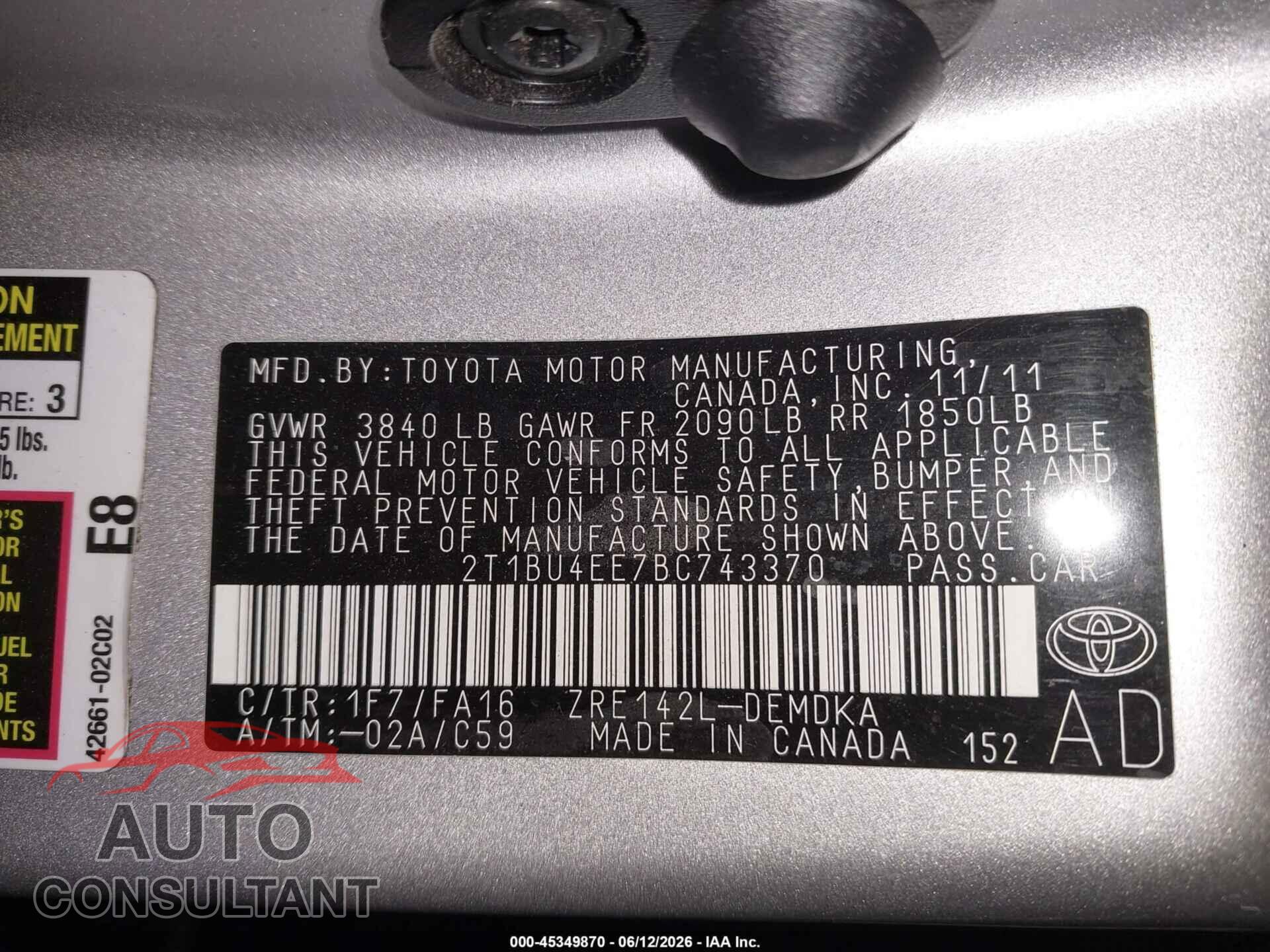 TOYOTA COROLLA 2011 - 2T1BU4EE7BC743370