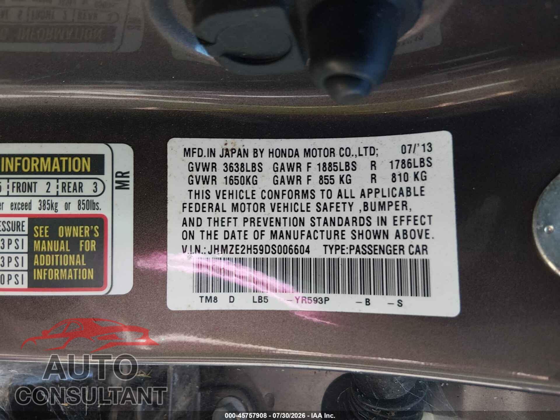 HONDA INSIGHT 2013 - JHMZE2H59DS006604