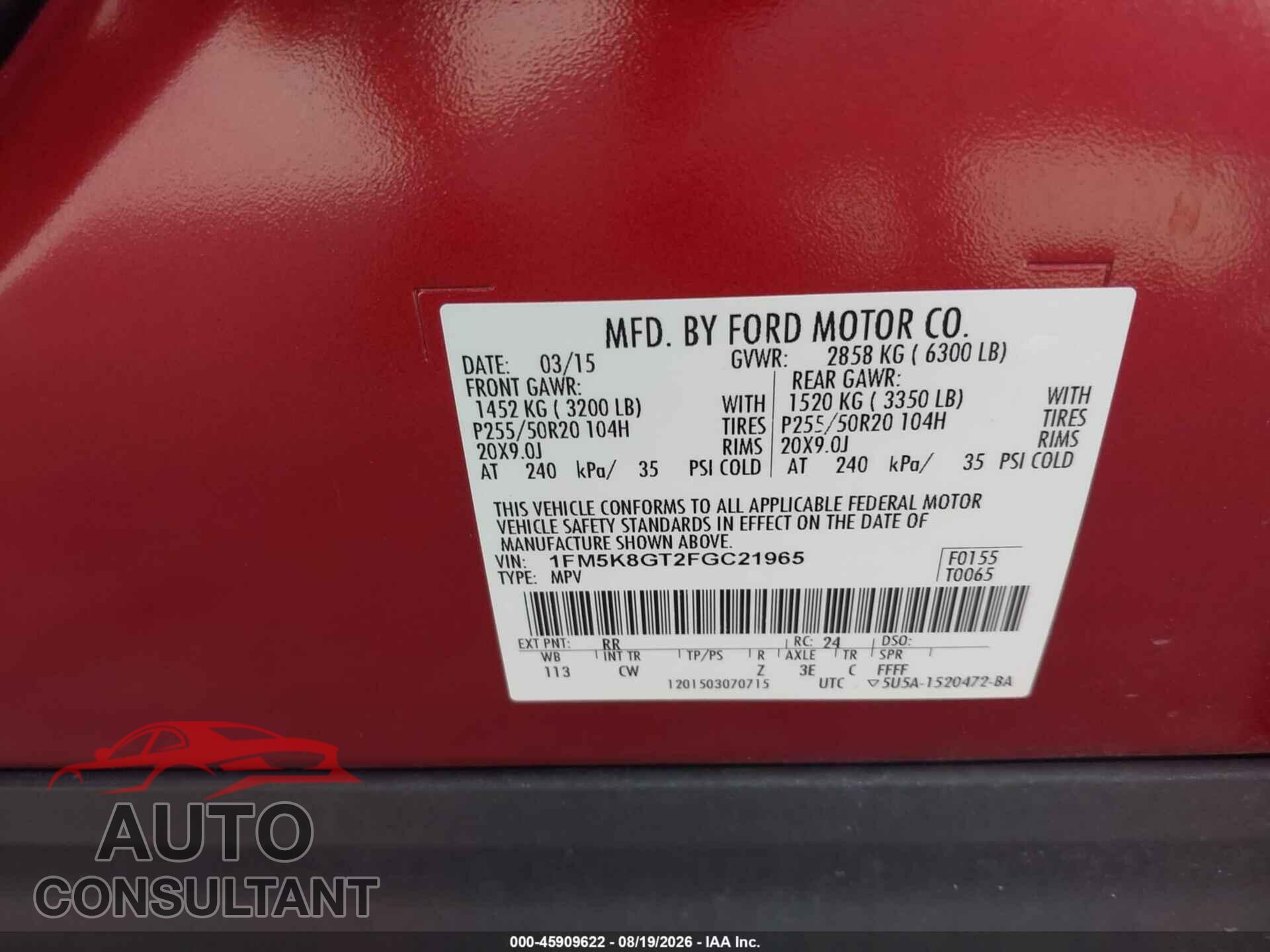FORD EXPLORER 2015 - 1FM5K8GT2FGC21965