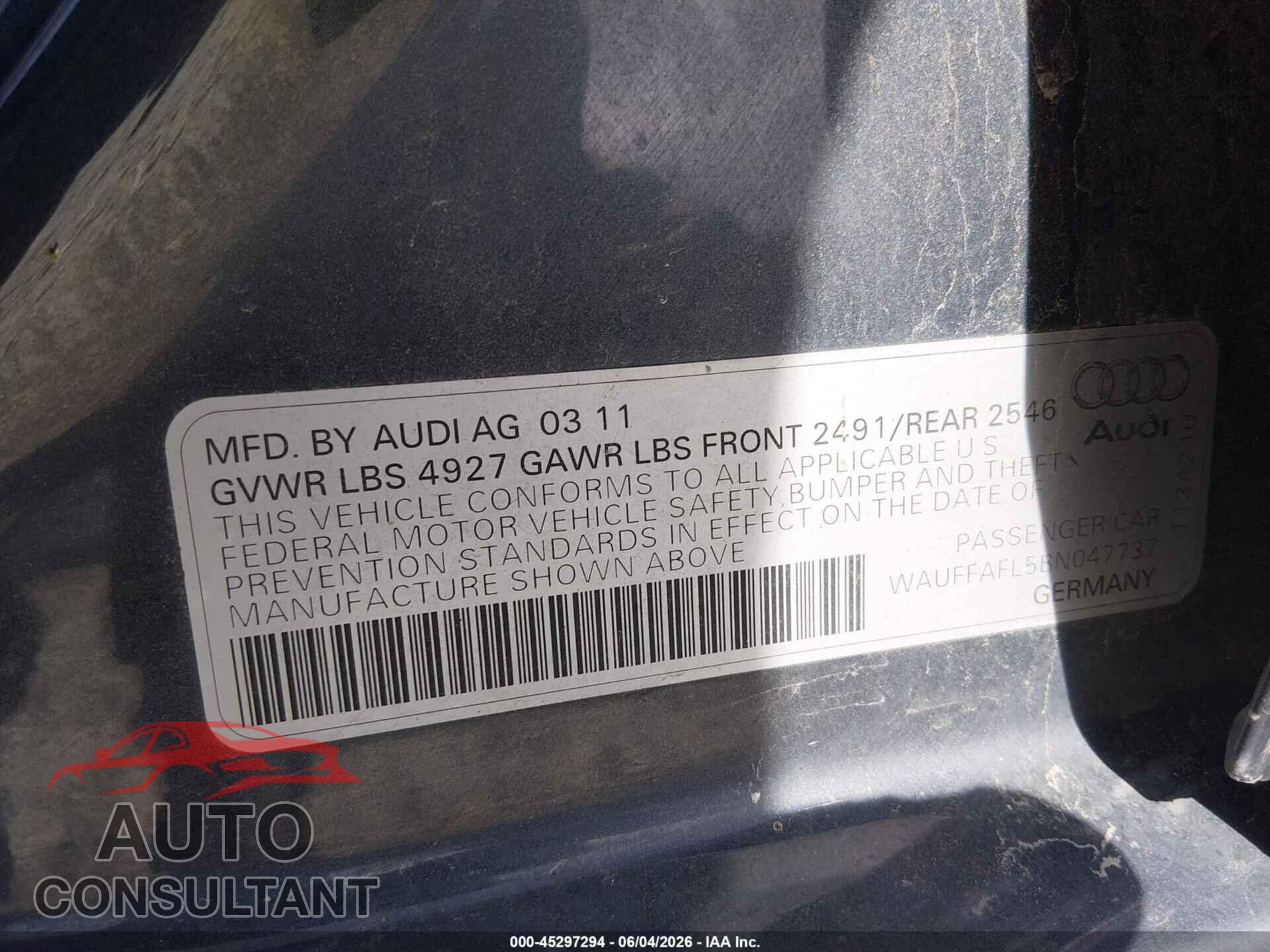 AUDI A4 2011 - WAUFFAFL5BN047737