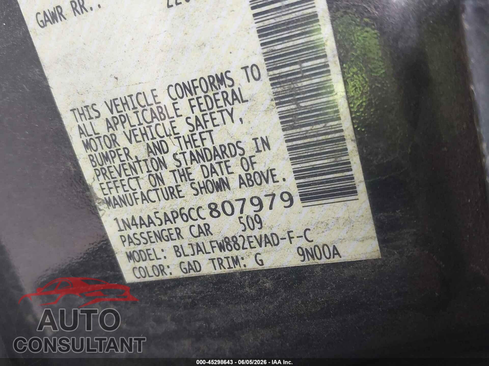 NISSAN MAXIMA 2012 - 1N4AA5AP6CC807979