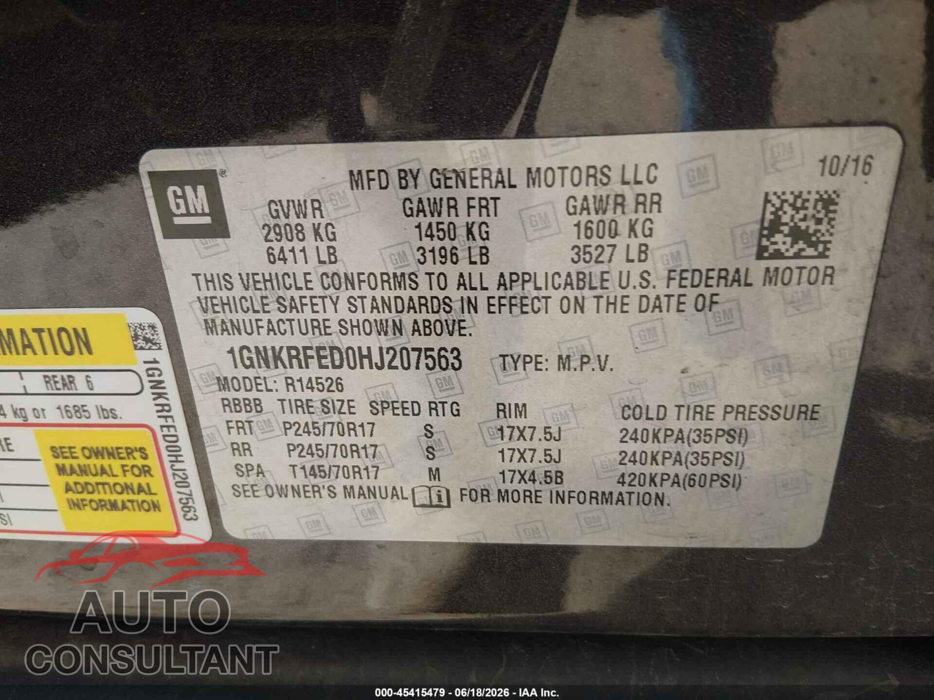CHEVROLET TRAVERSE 2017 - 1GNKRFED0HJ207563