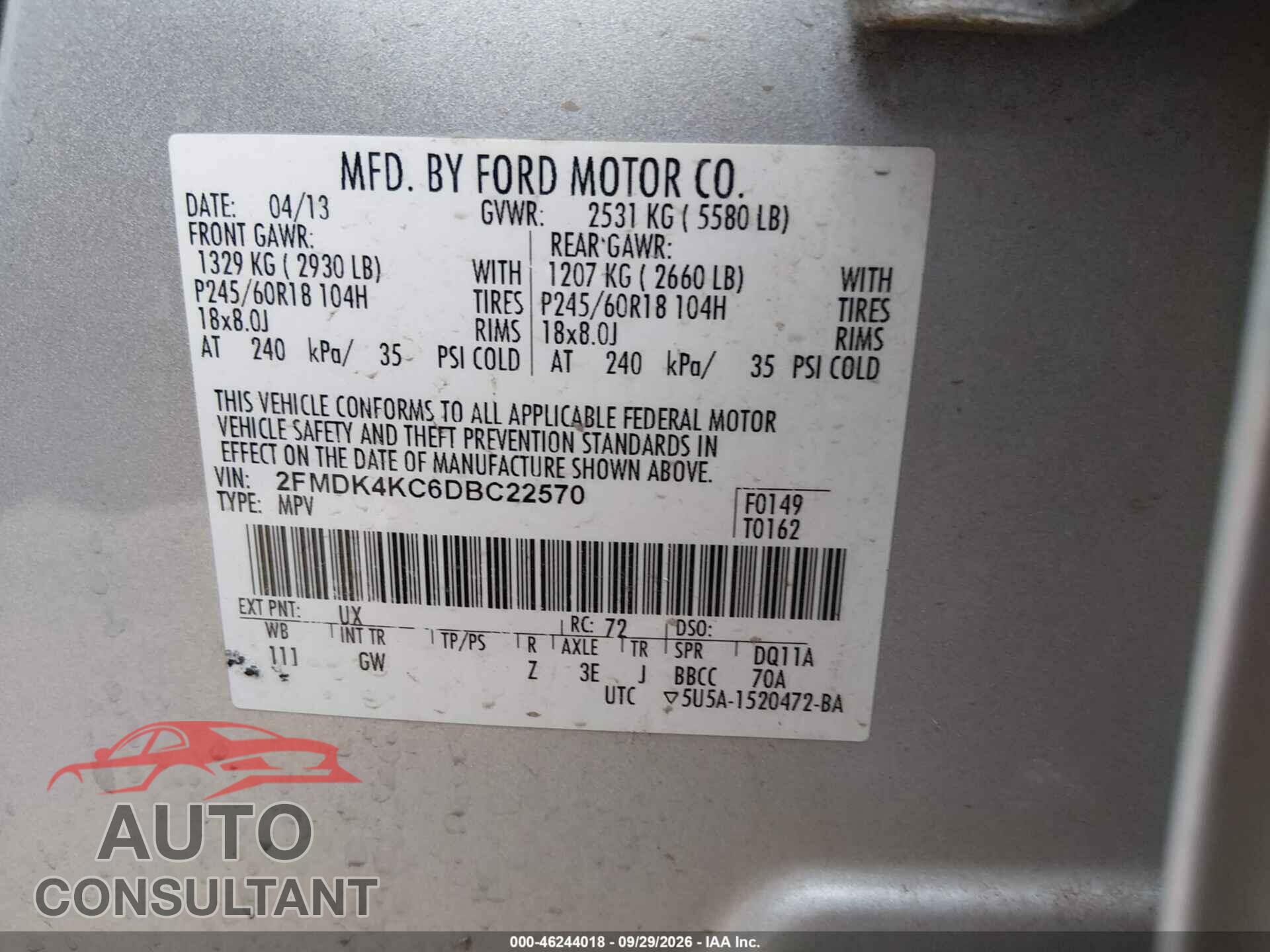 FORD EDGE 2013 - 2FMDK4KC6DBC22570