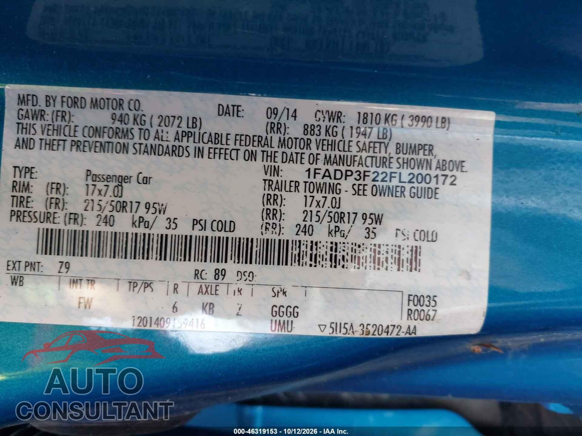 FORD FOCUS 2015 - 1FADP3F22FL200172