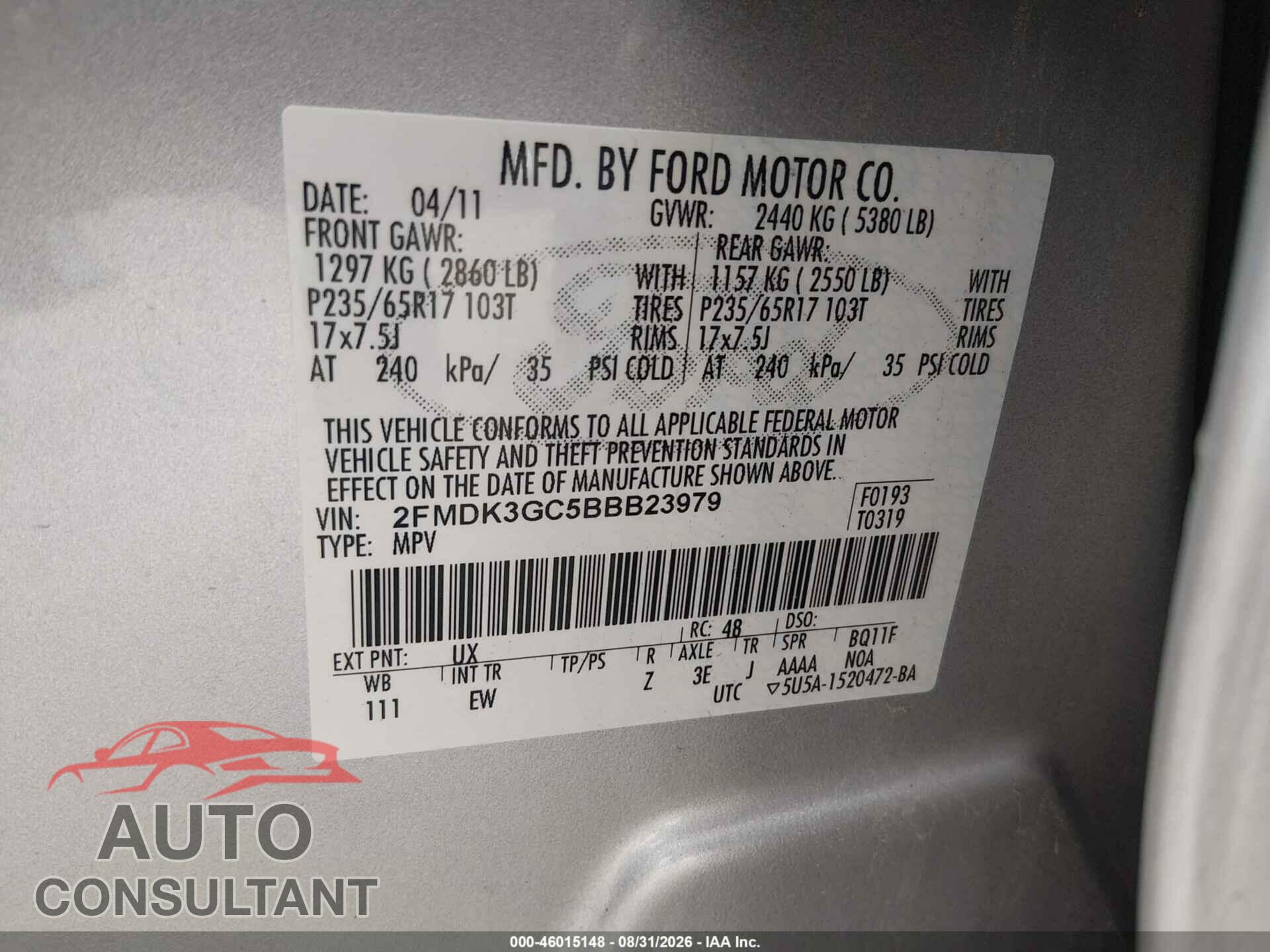 FORD EDGE 2011 - 2FMDK3GC5BBB23979
